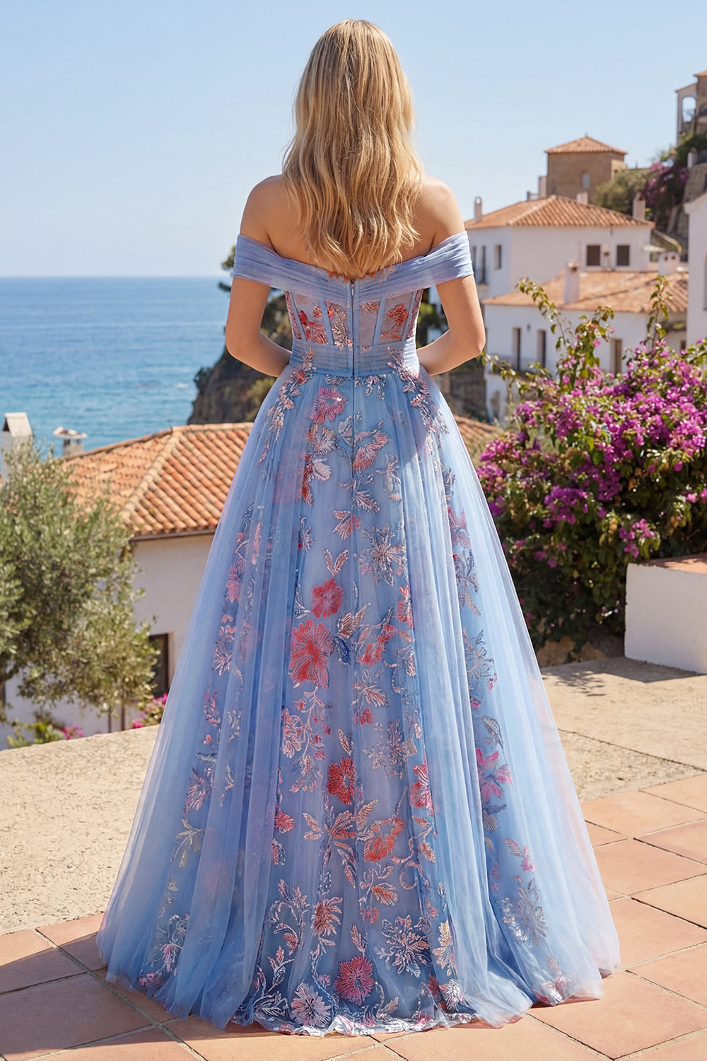 Off the Shoulder A Line Floral Corset Blue Long Prom Dress