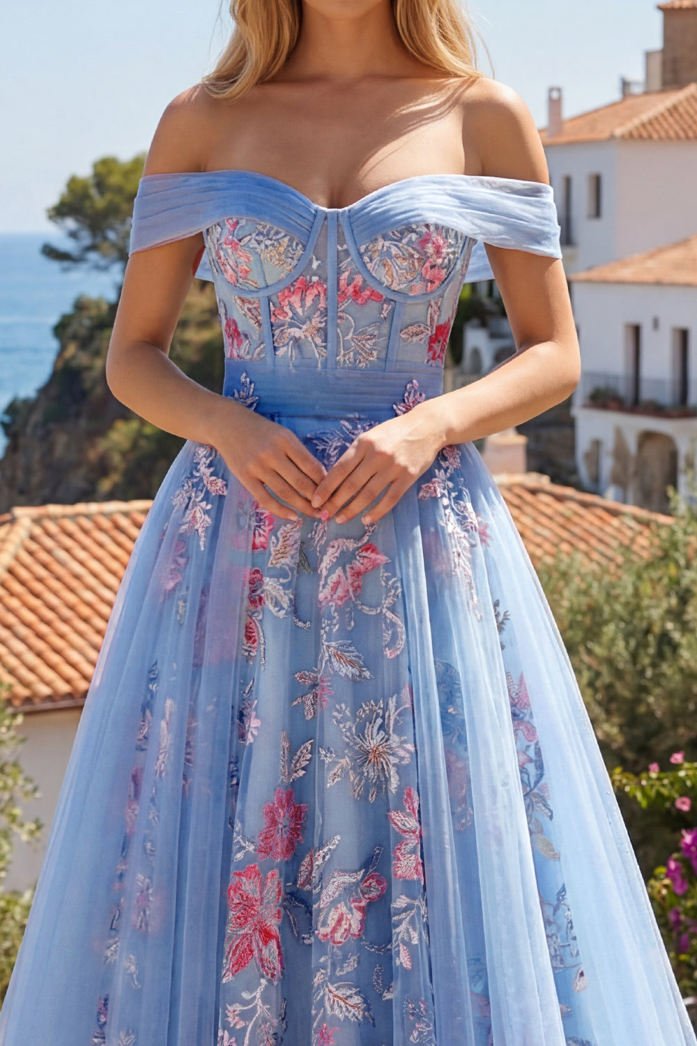 Off the Shoulder A Line Floral Corset Blue Long Prom Dress