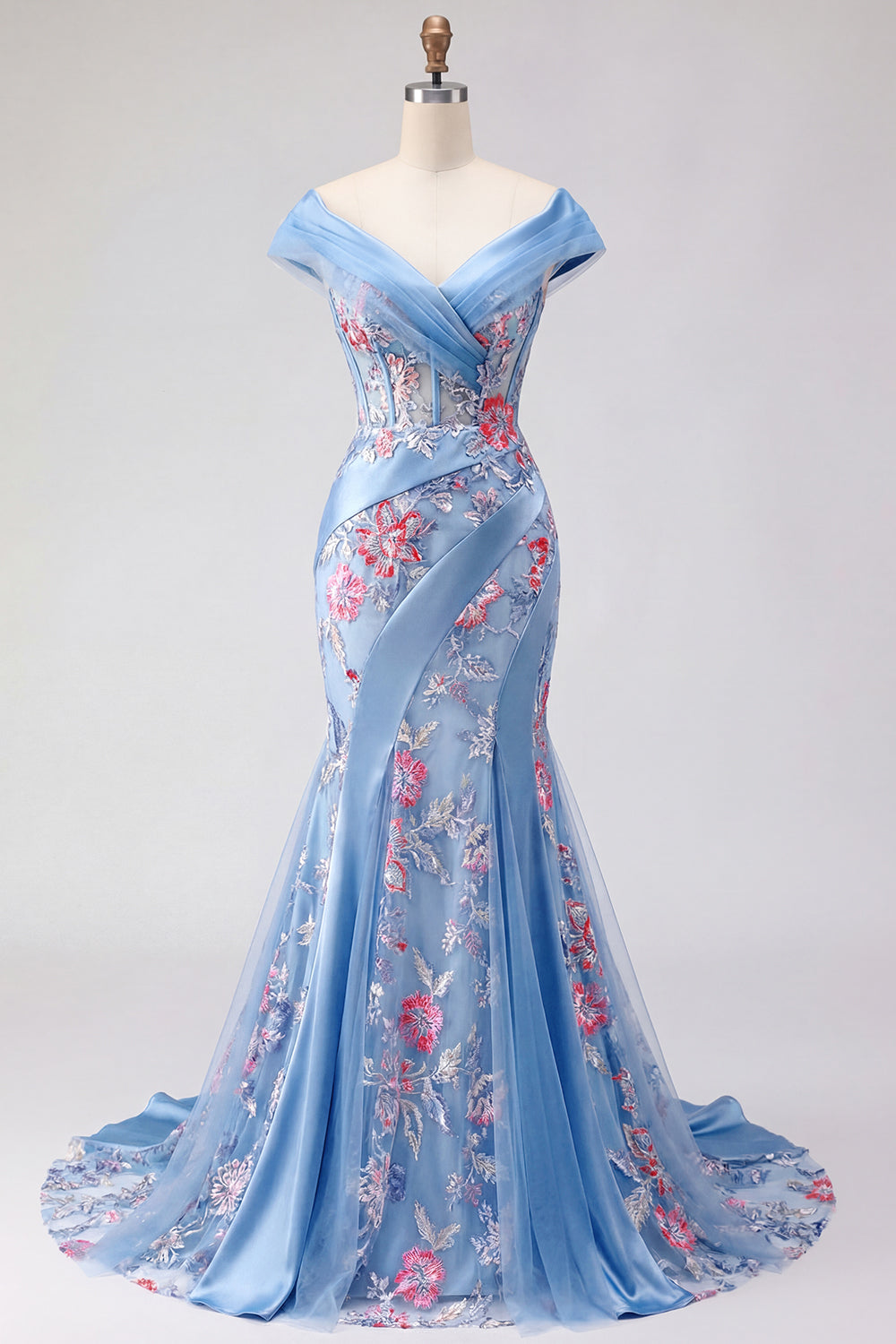 Corset Blue Mermaid Ruched Floral Long Off the Shoulder Prom Dress