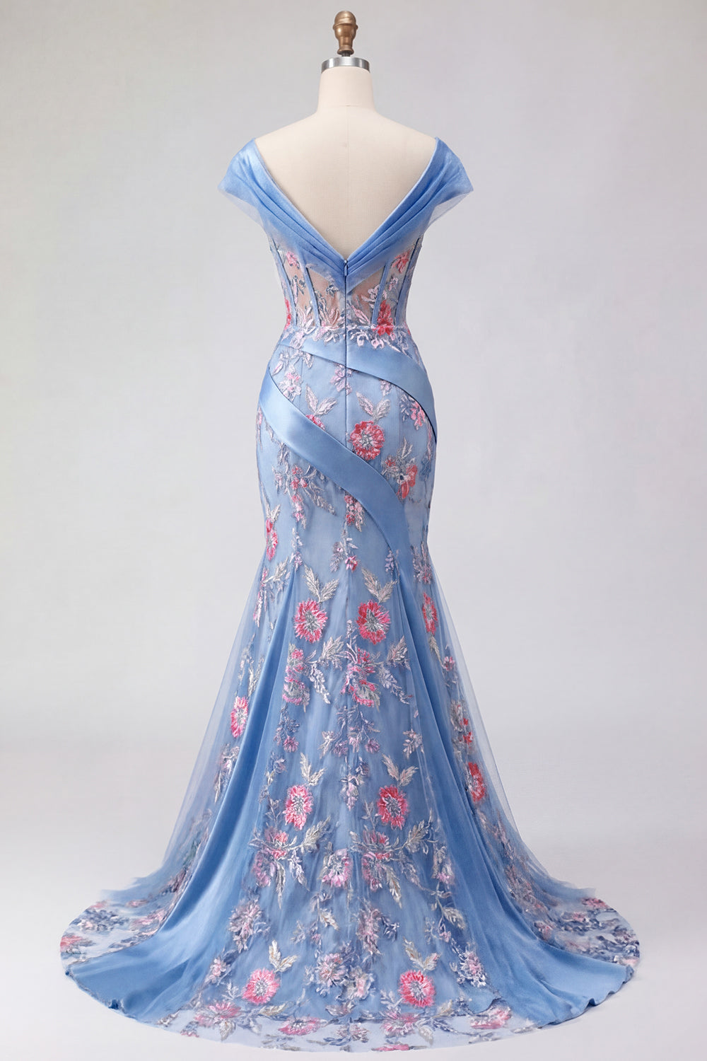 Corset Blue Mermaid Ruched Floral Long Off the Shoulder Prom Dress