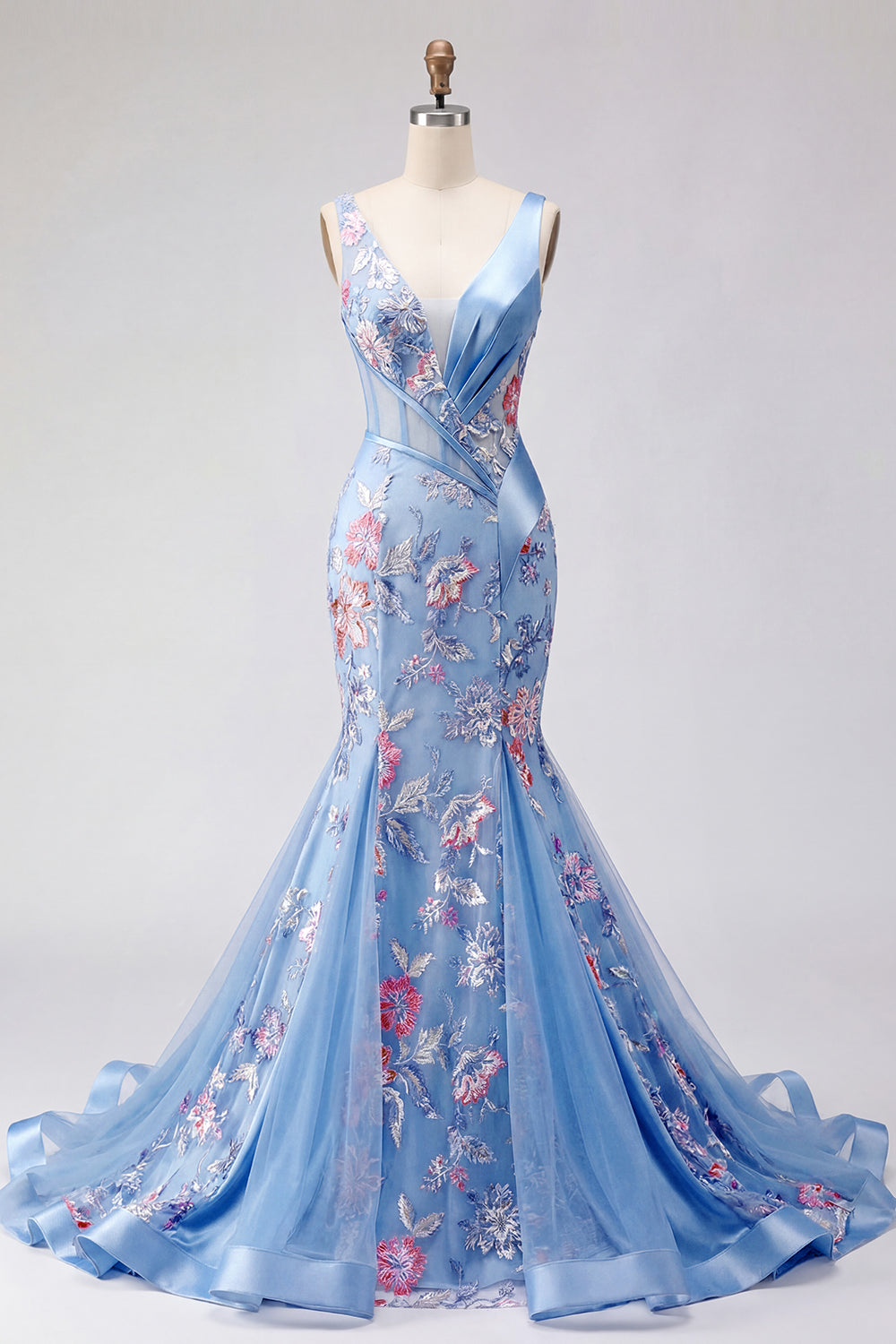 Blue Mermaid V-Neck Ruched Floral Corset Long Prom Dress