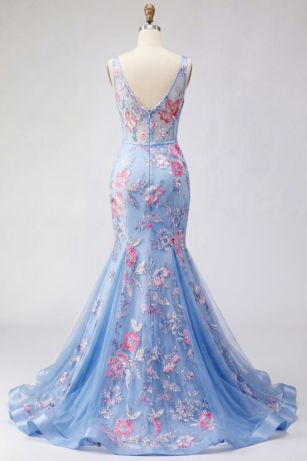 Blue Mermaid V-Neck Ruched Floral Corset Long Prom Dress