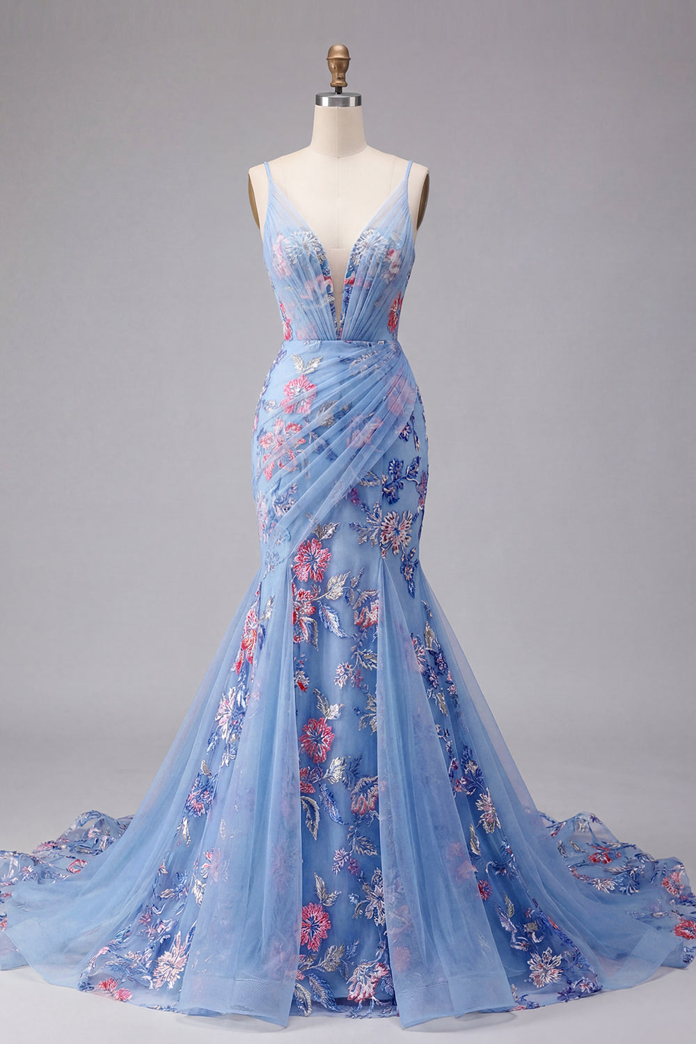 Ruched Spaghetti Straps Mermaid Floral Blue Long Prom Dress