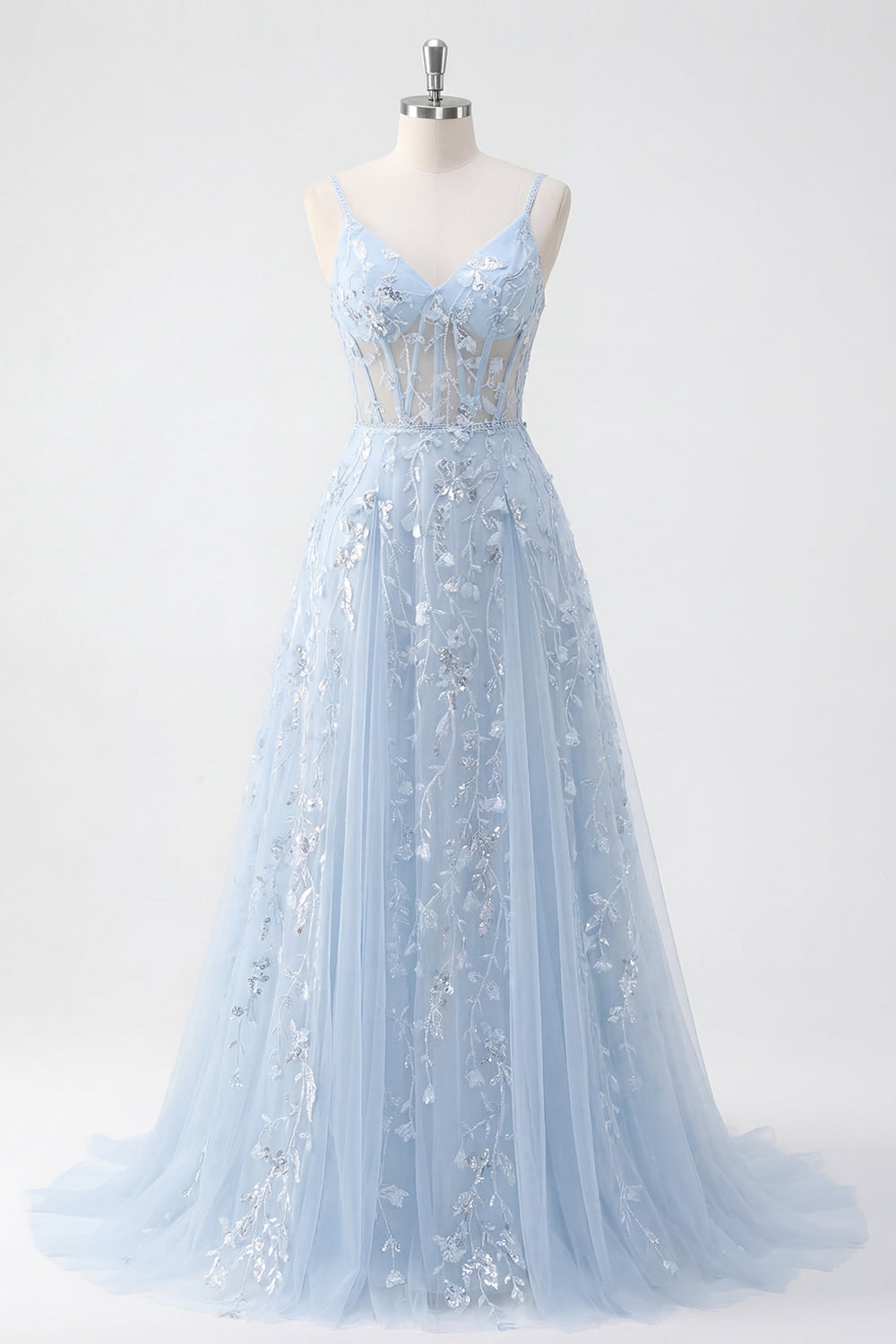 Sparkly Blue A Line Long Floral Beaded Spaghetti Straps Corset Prom Dress