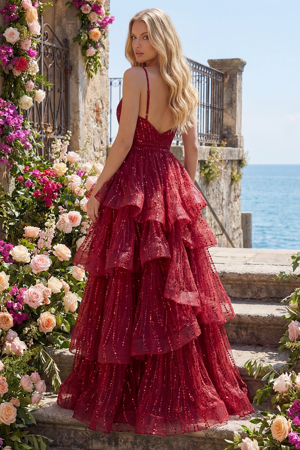 Long Beaded Spaghetti Straps A Line Sparkly Burgundy Prom Dress with Ruffles