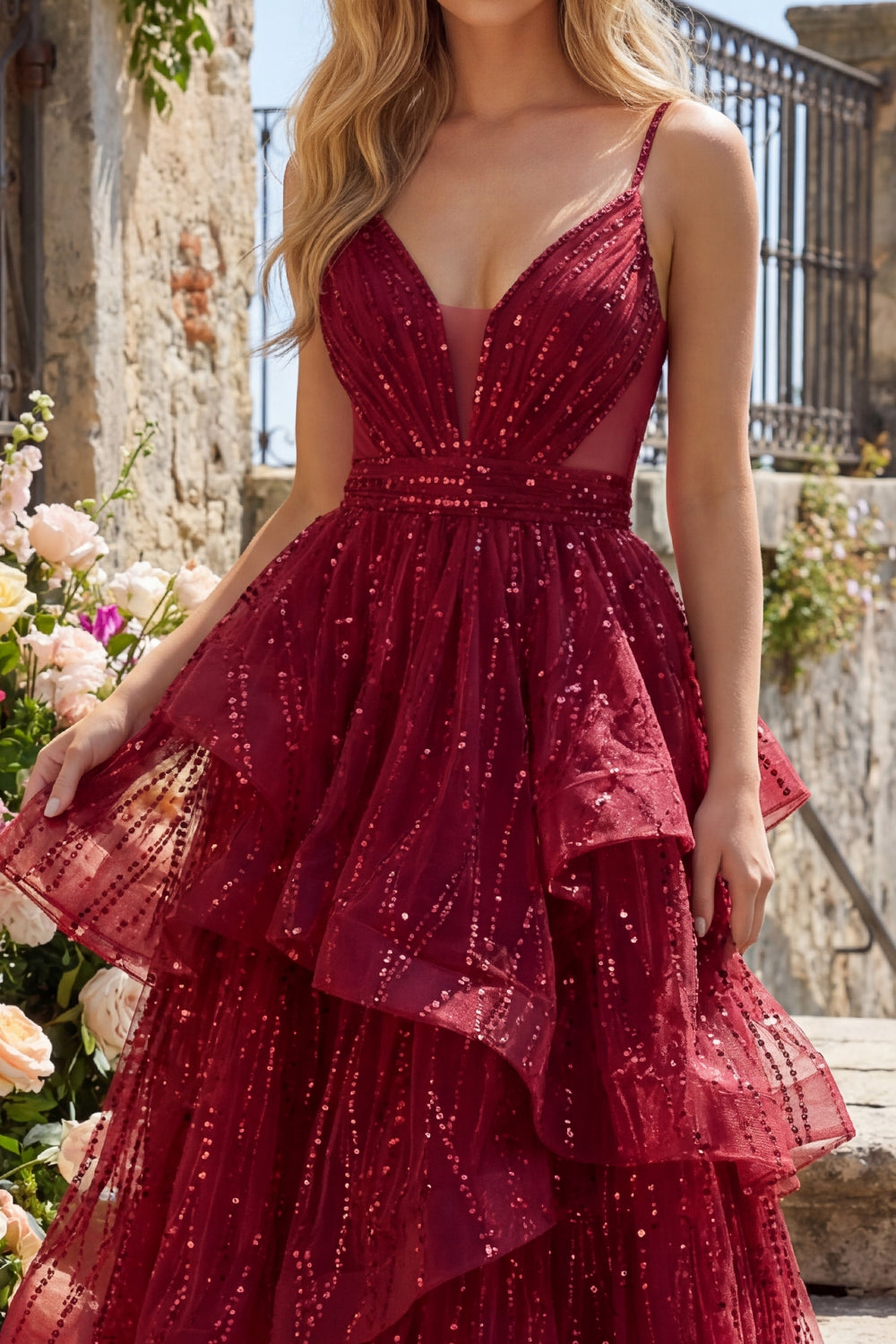 Long Beaded Spaghetti Straps A Line Sparkly Burgundy Prom Dress with Ruffles