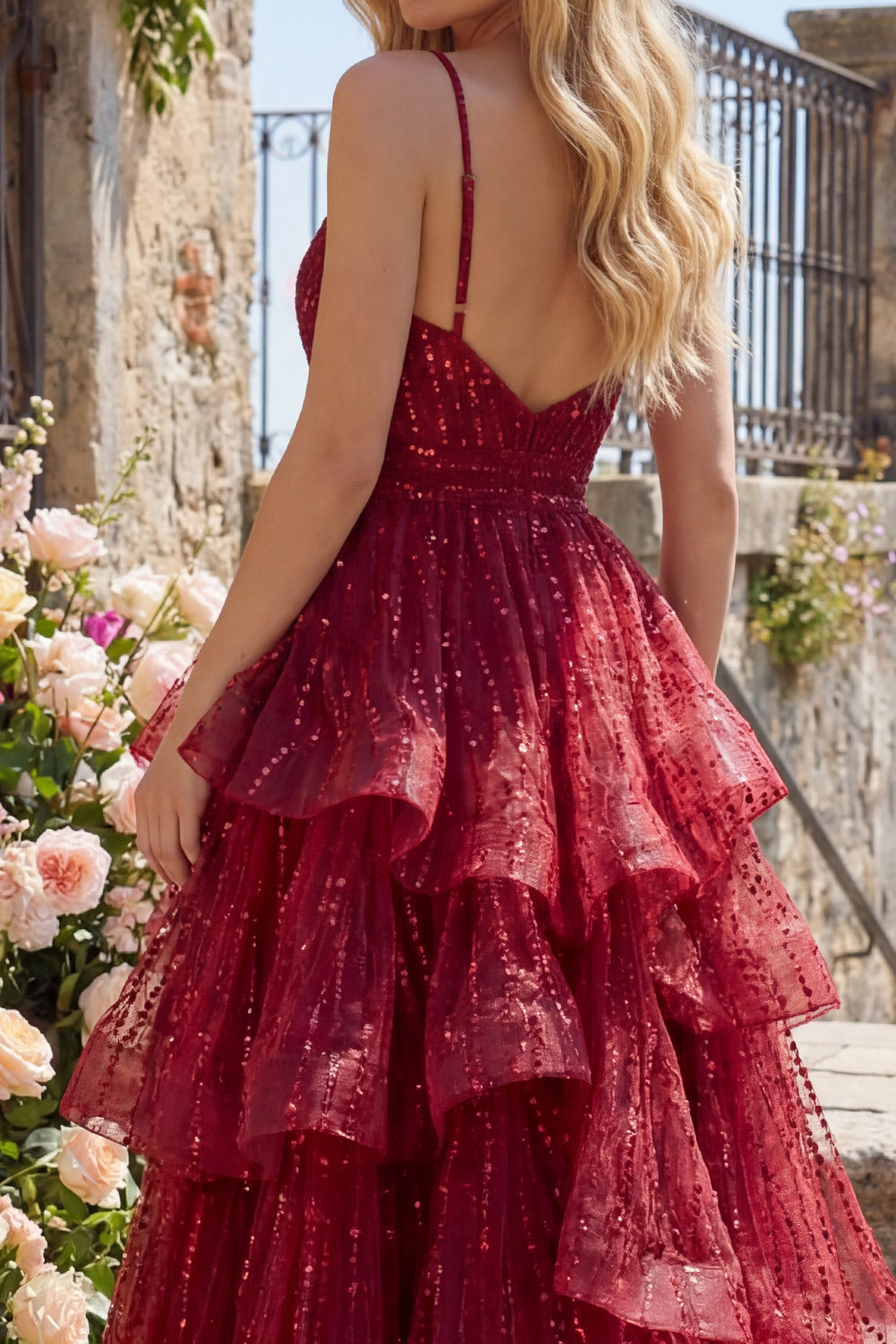 Long Beaded Spaghetti Straps A Line Sparkly Burgundy Prom Dress with Ruffles