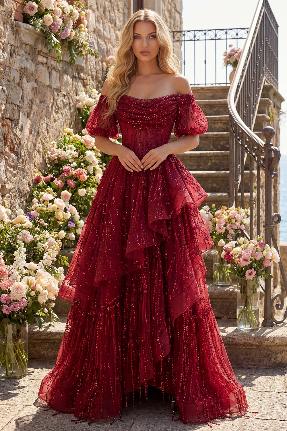Sparkly Burgundy Long Puff Sleeves Corset A Line Beaded Prom Dress with Ruffles