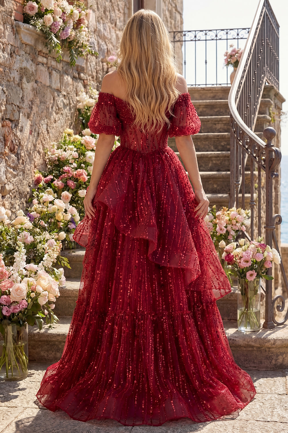 Sparkly Burgundy Long Puff Sleeves Corset A Line Beaded Prom Dress with Ruffles