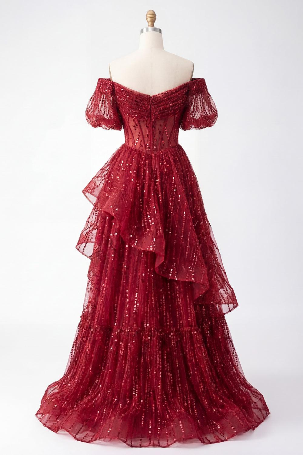 Sparkly Burgundy Long Puff Sleeves Corset A Line Beaded Prom Dress with Ruffles