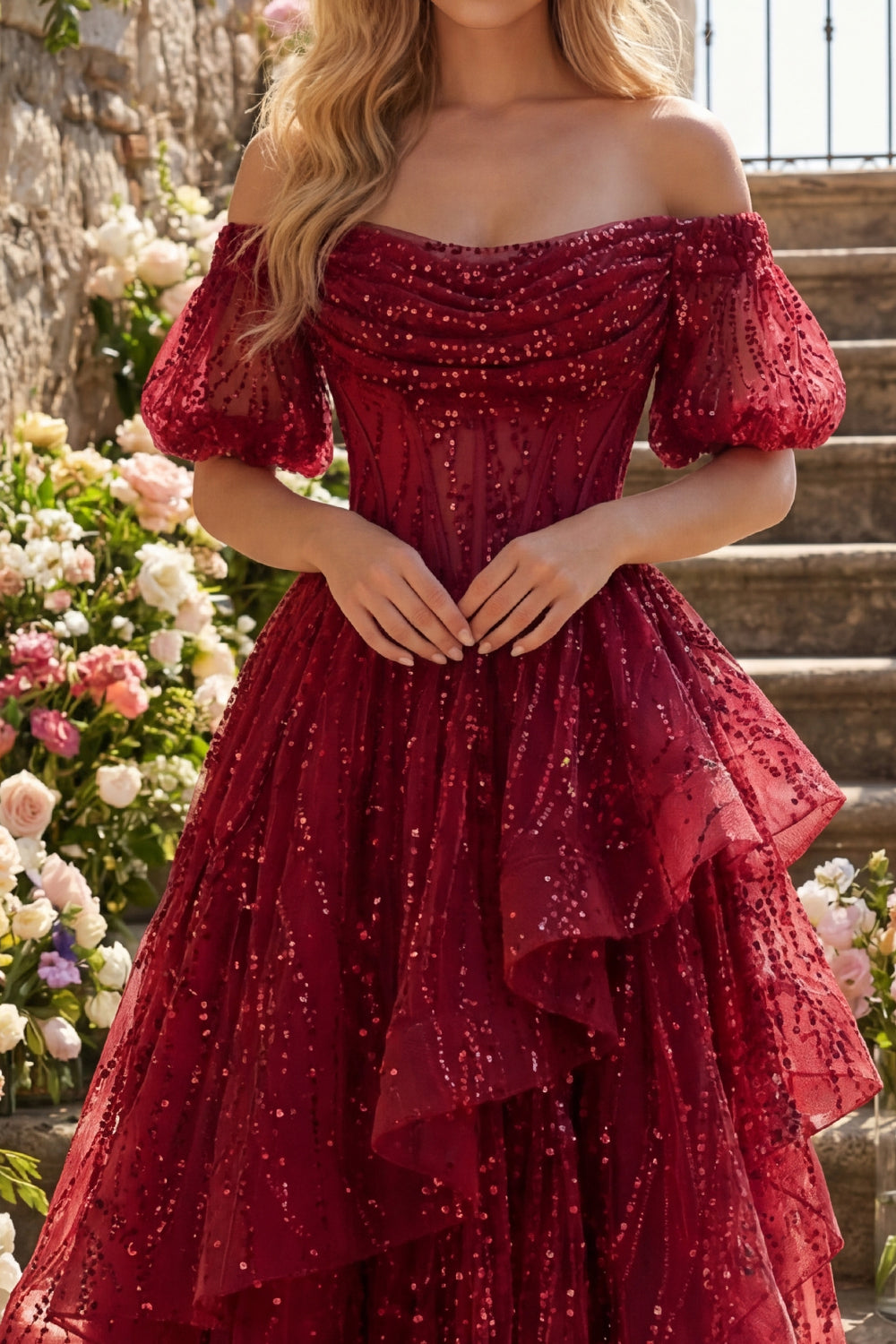 Sparkly Burgundy Long Puff Sleeves Corset A Line Beaded Prom Dress with Ruffles
