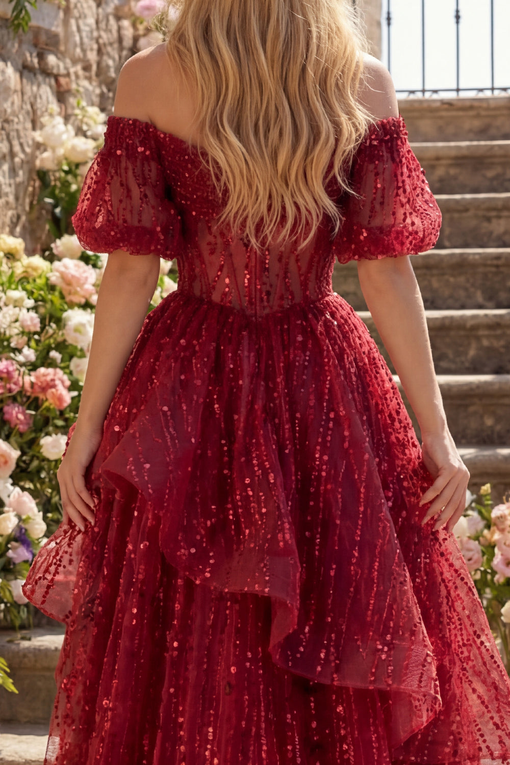 Sparkly Burgundy Long Puff Sleeves Corset A Line Beaded Prom Dress with Ruffles