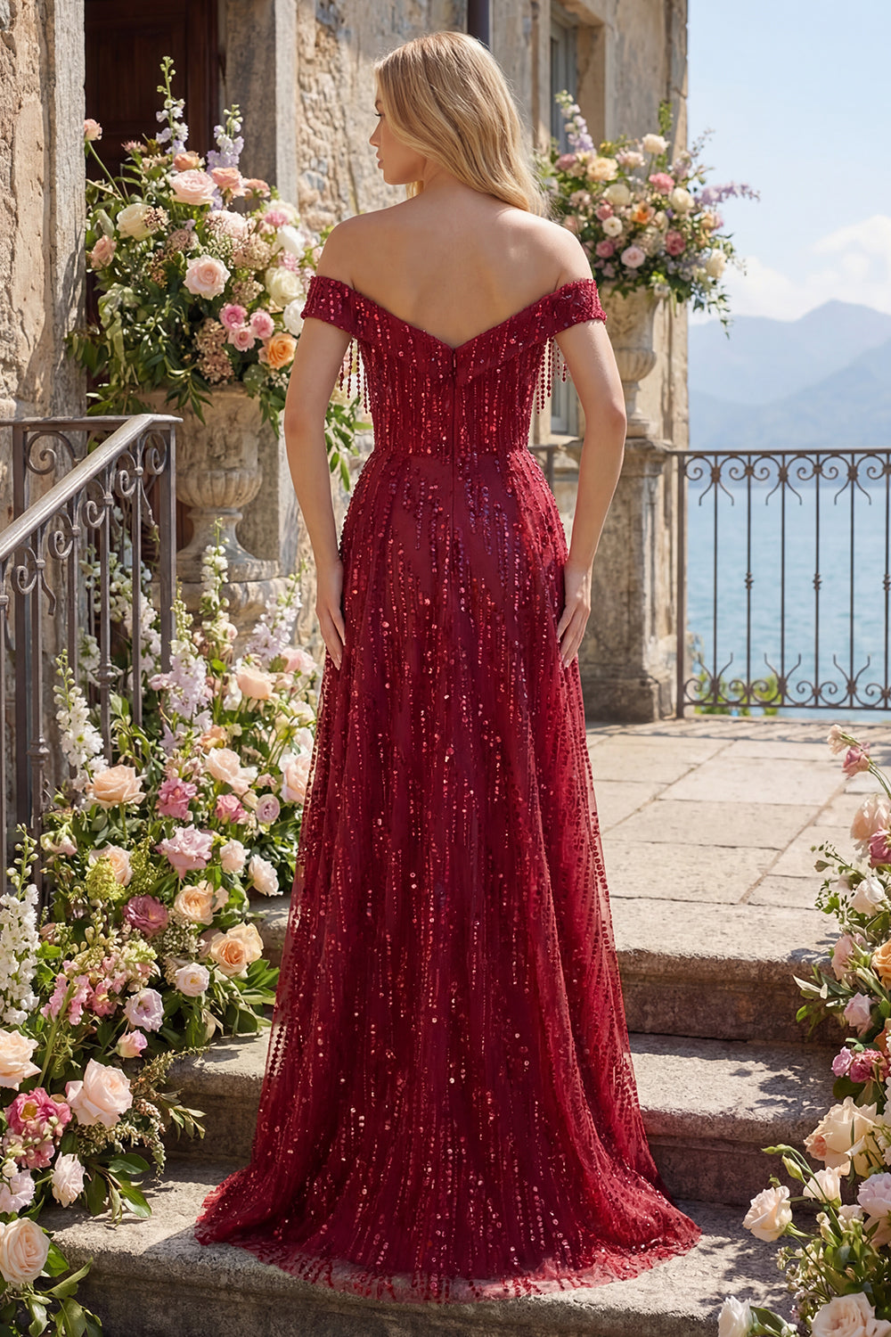 Off the Shoulder Sparkly Burgundy Long Beaded A Line Prom Dress with Fringes