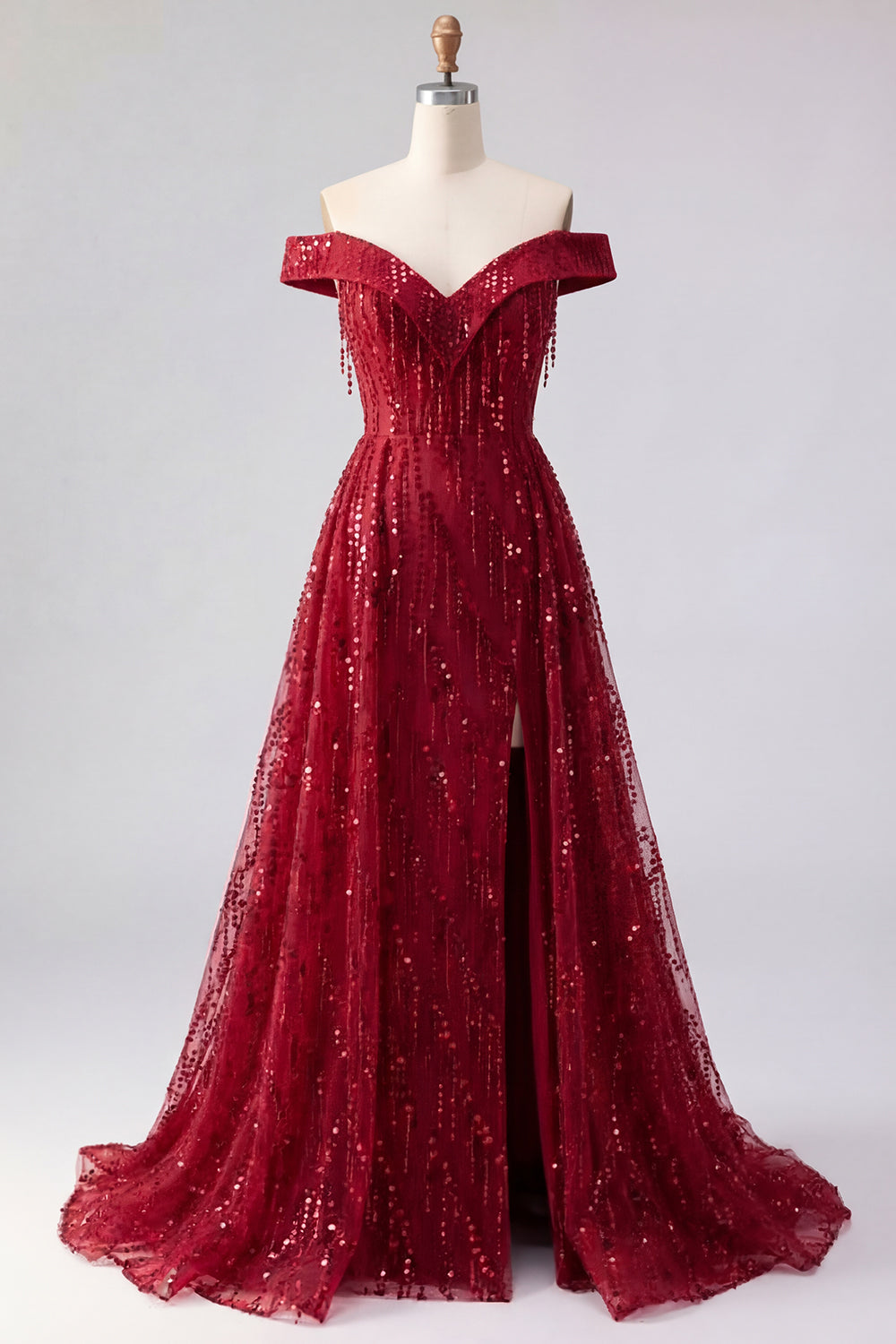 Off the Shoulder Sparkly Burgundy Long Beaded A Line Prom Dress with Fringes