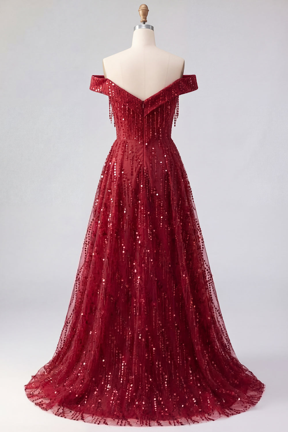 Off the Shoulder Sparkly Burgundy Long Beaded A Line Prom Dress with Fringes