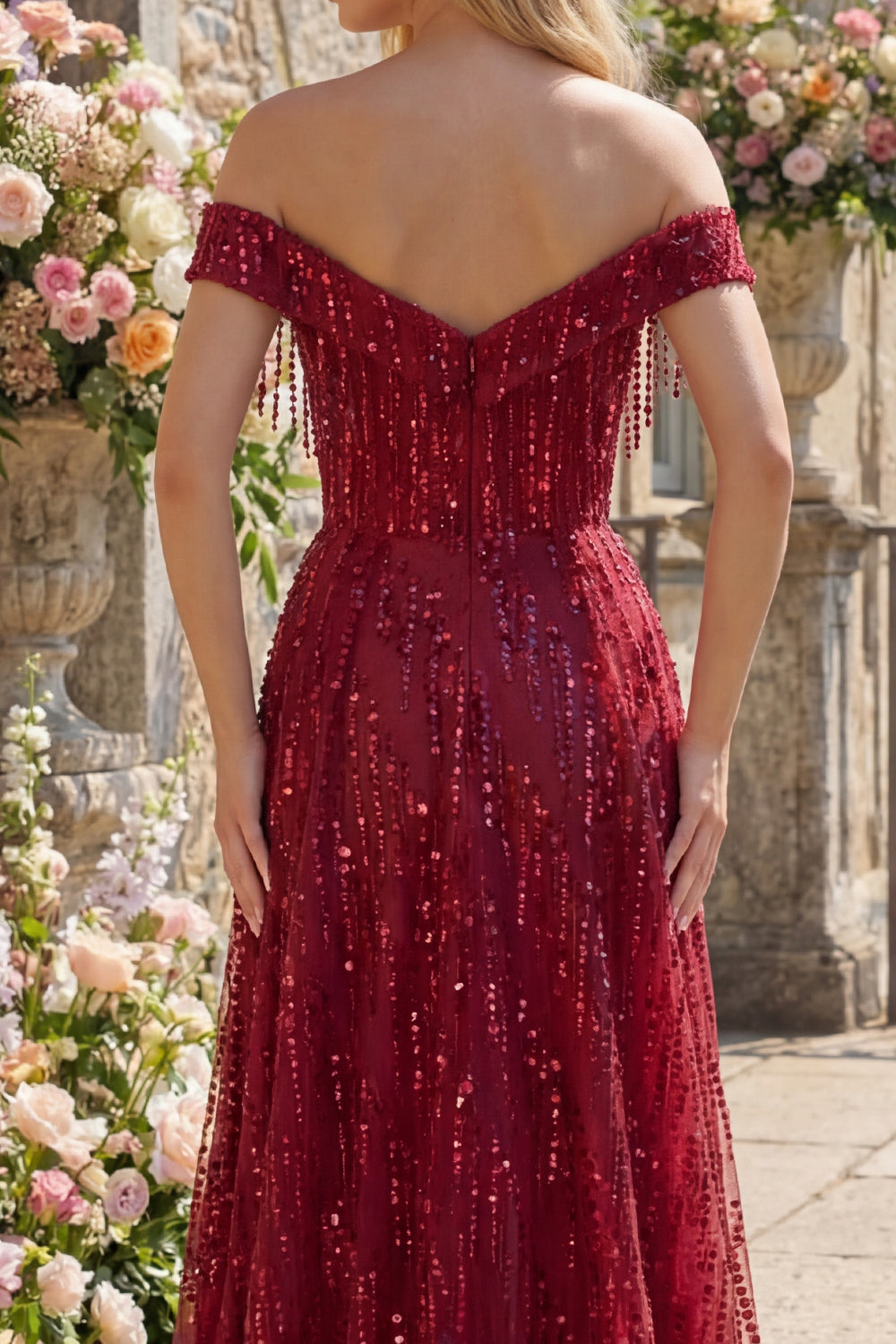 Off the Shoulder Sparkly Burgundy Long Beaded A Line Prom Dress with Fringes