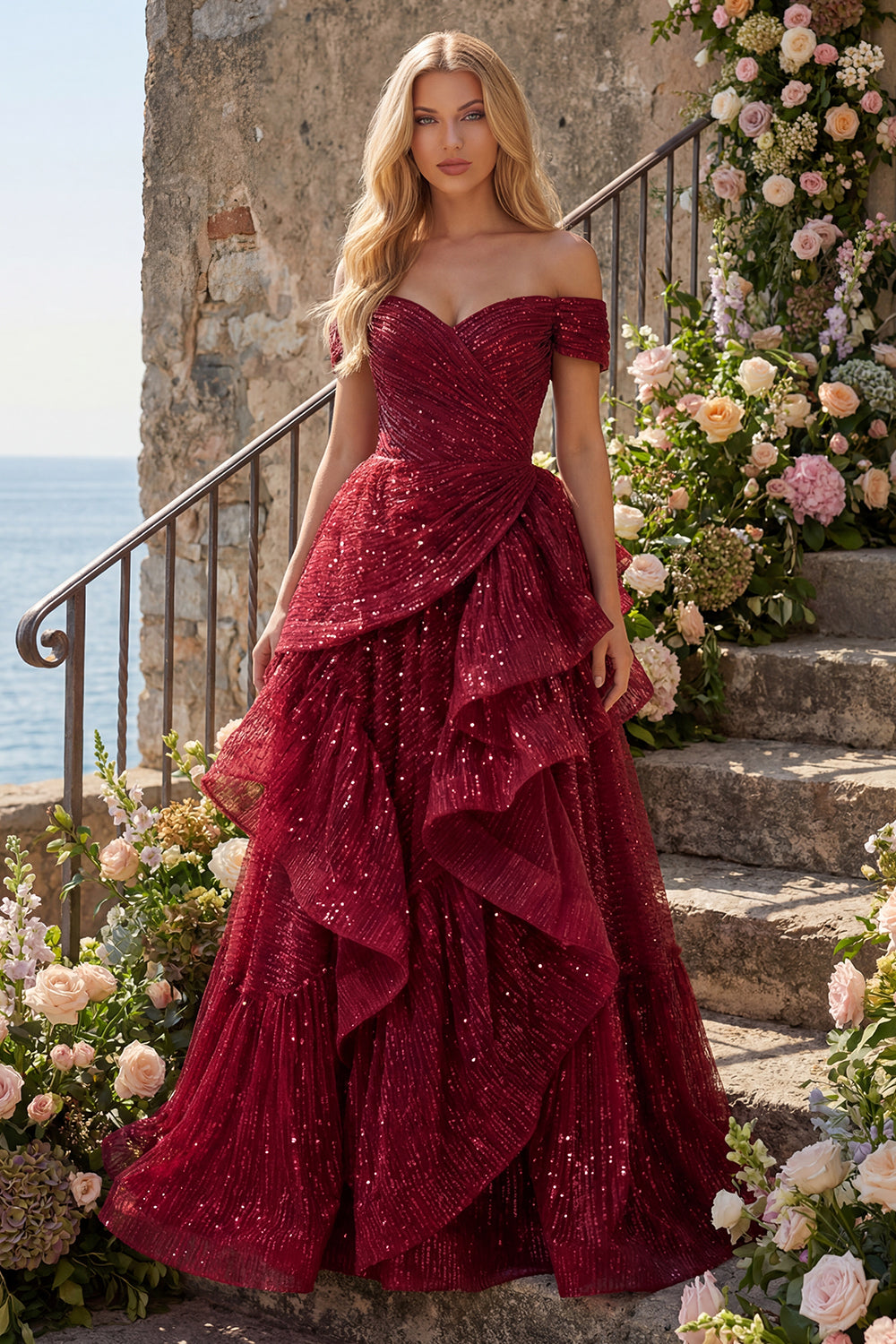 A Line Sequin Sparkly Burgundy Off the Shoulder Long Prom Dress with Ruffles