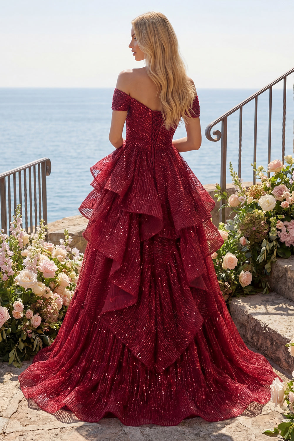 A Line Sequin Sparkly Burgundy Off the Shoulder Long Prom Dress with Ruffles