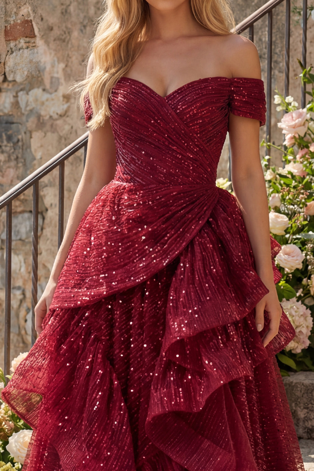 A Line Sequin Sparkly Burgundy Off the Shoulder Long Prom Dress with Ruffles
