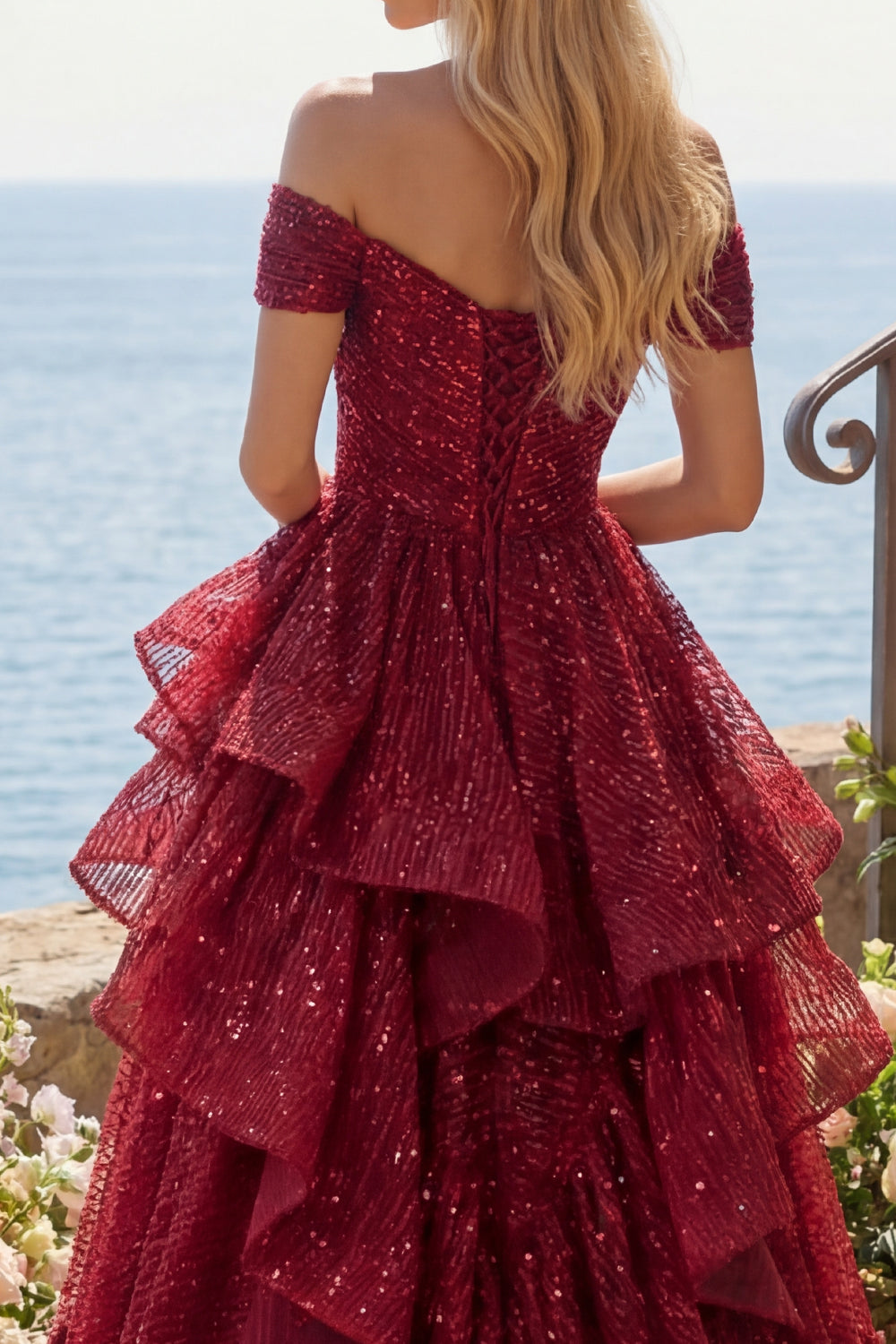 A Line Sequin Sparkly Burgundy Off the Shoulder Long Prom Dress with Ruffles
