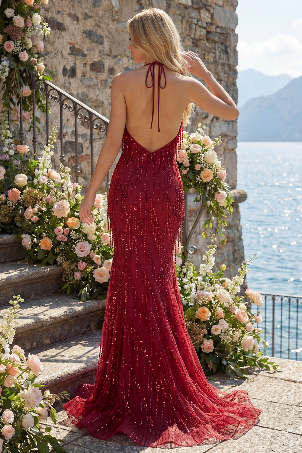 Backless Halter Mermaid Sparkly Burgundy Long Beaded Prom Dress with Fringes