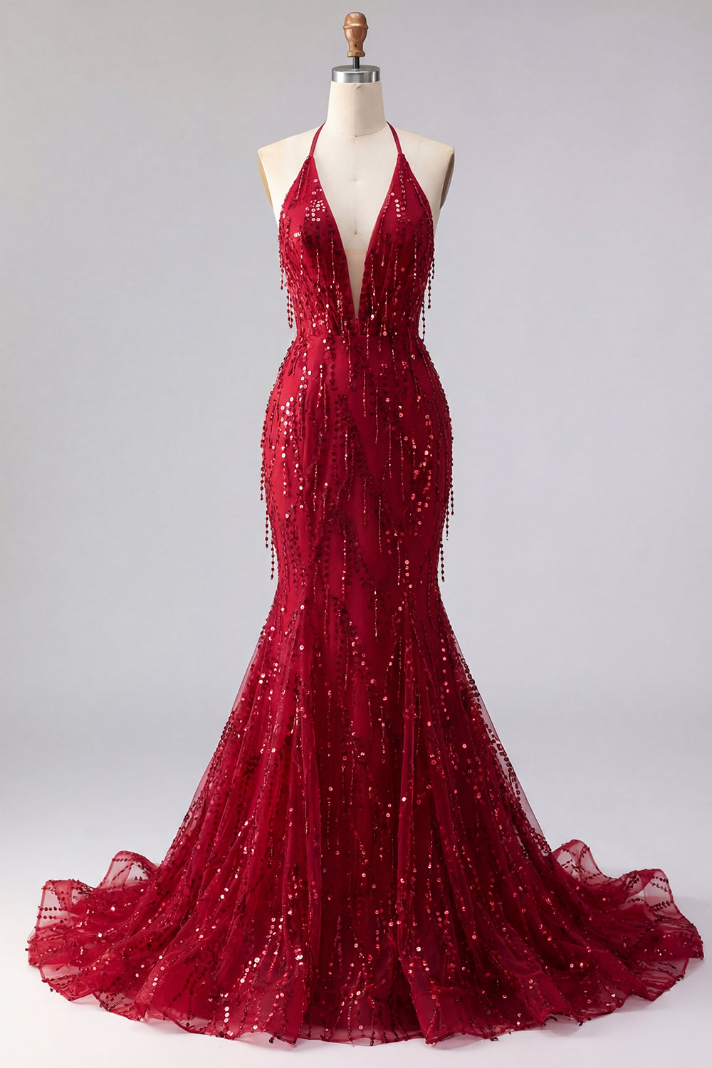 Backless Halter Mermaid Sparkly Burgundy Long Beaded Prom Dress with Fringes