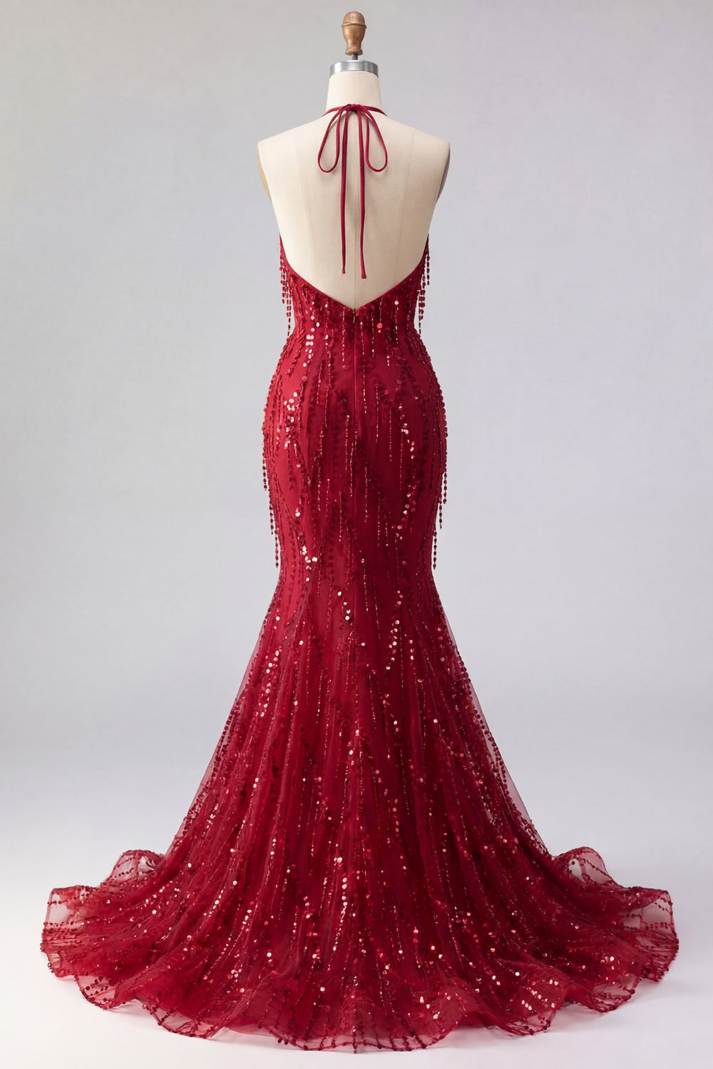 Backless Halter Mermaid Sparkly Burgundy Long Beaded Prom Dress with Fringes