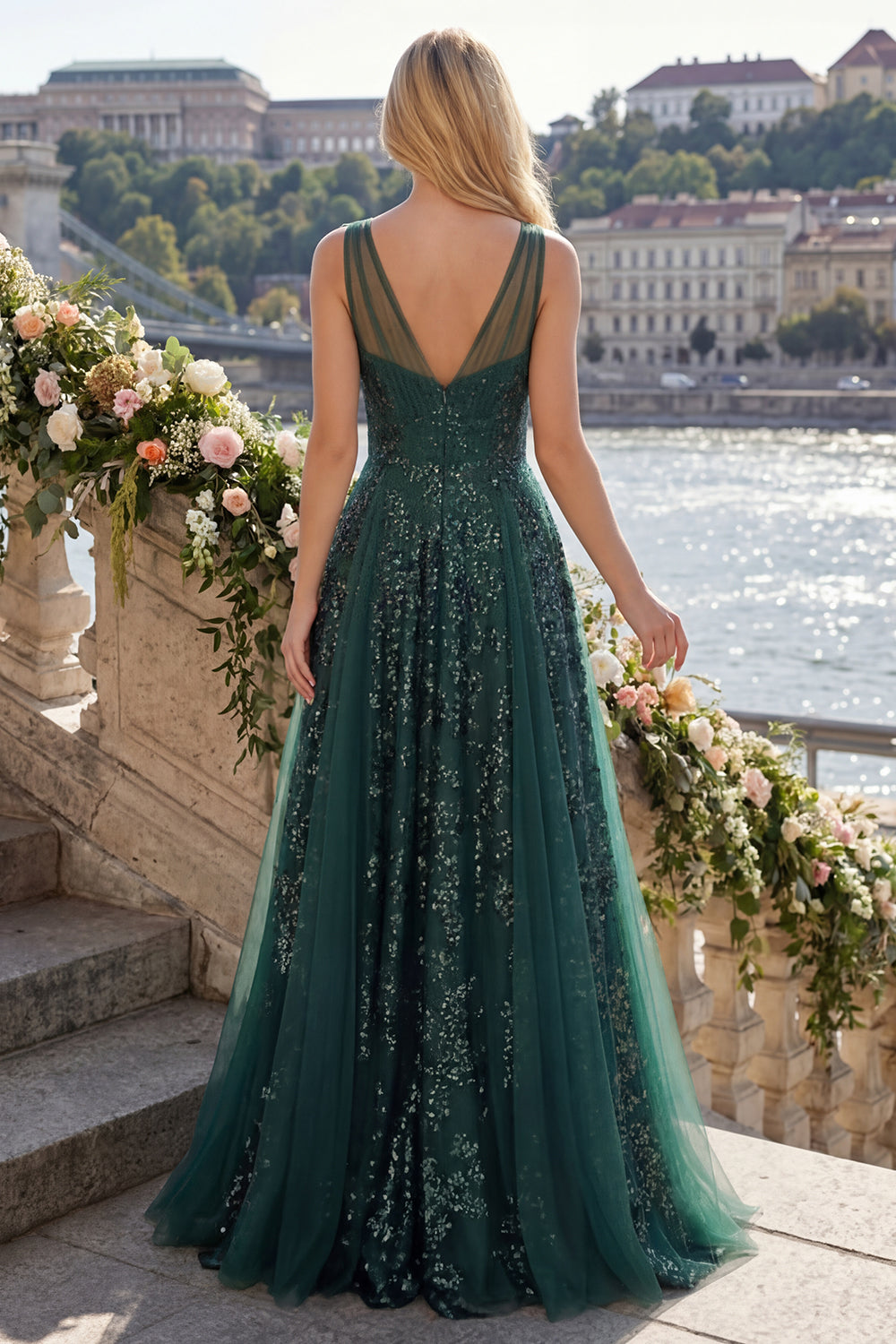 Sparkly Dark Green V-Neck Ruched A Line Long Sequin Prom Dress