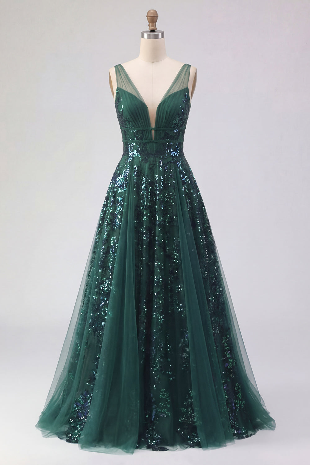 Sparkly Dark Green V-Neck Ruched A Line Long Sequin Prom Dress