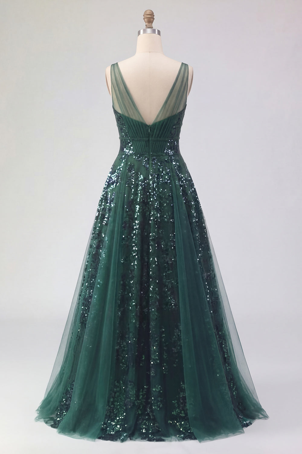Sparkly Dark Green V-Neck Ruched A Line Long Sequin Prom Dress