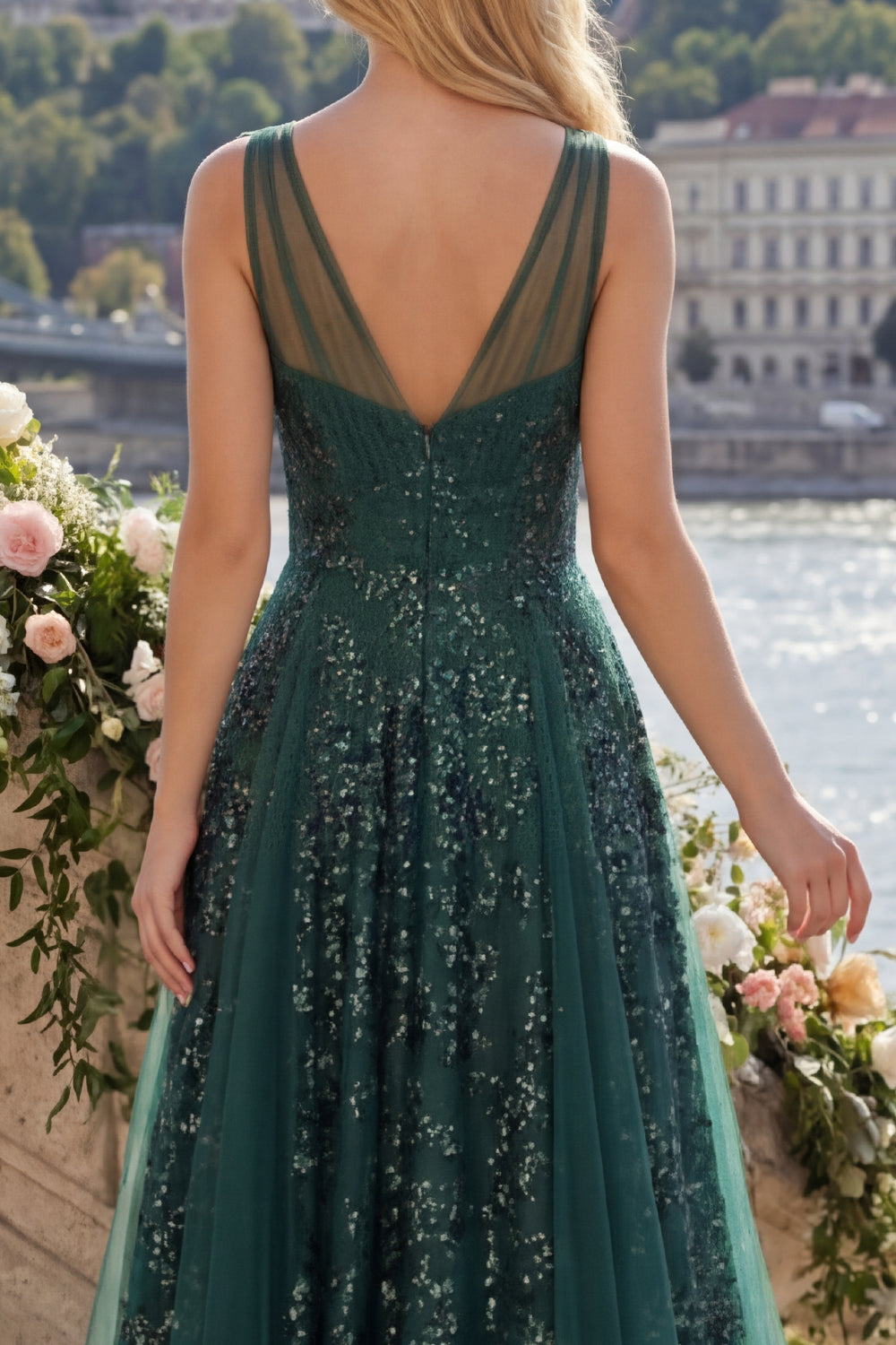 Sparkly Dark Green V-Neck Ruched A Line Long Sequin Prom Dress