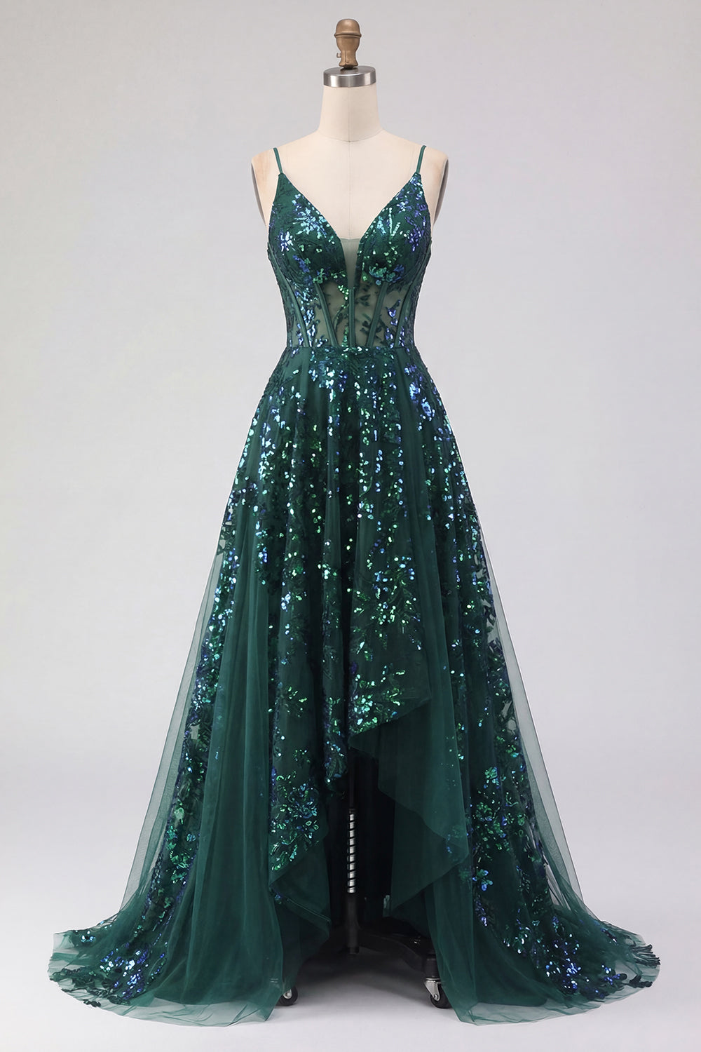 Corset Sparkly Dark Green High Low A Line Sequin Prom Dress with Ruffles