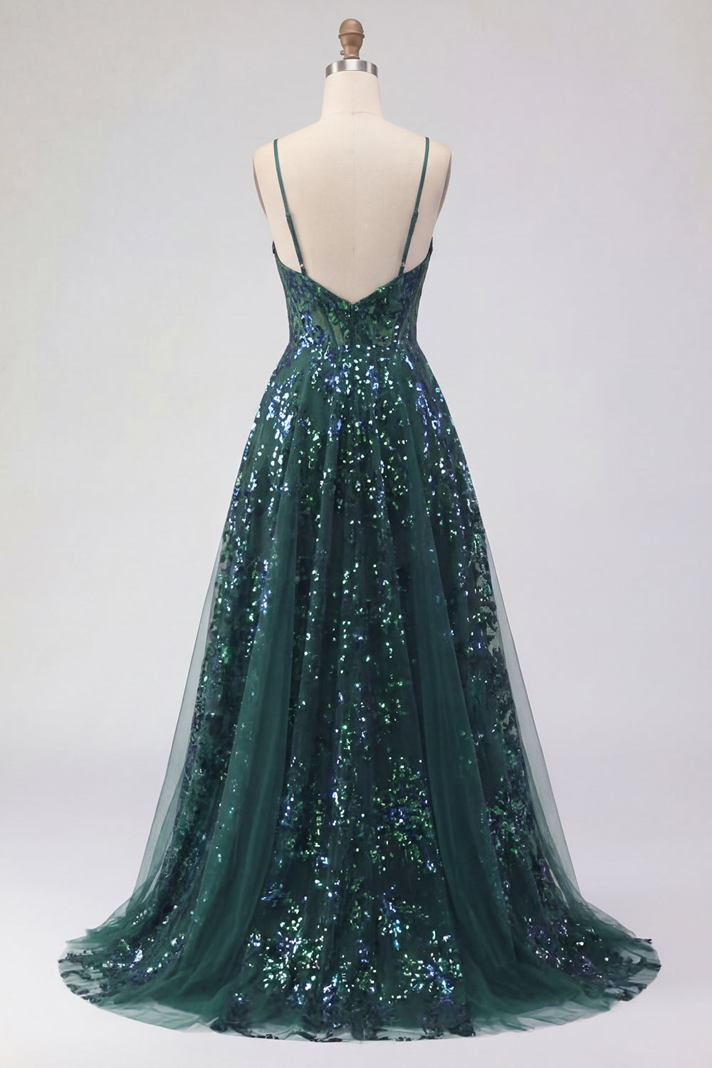 Corset Sparkly Dark Green High Low A Line Sequin Prom Dress with Ruffles
