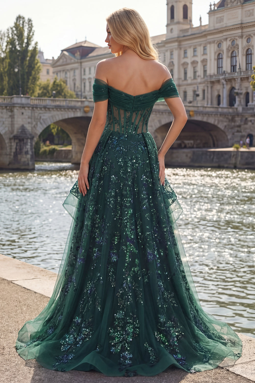 A Line Long Sequin Sparkly Dark Green Corset Prom Dress with Ruffles