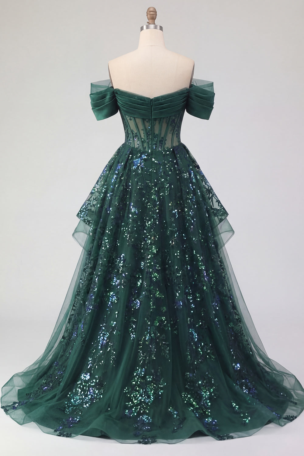 A Line Long Sequin Sparkly Dark Green Corset Prom Dress with Ruffles