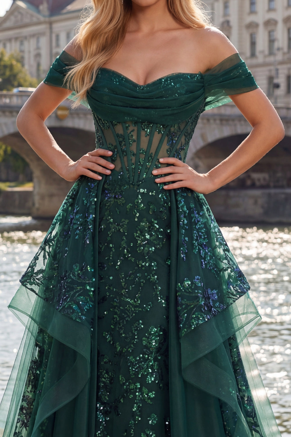 A Line Long Sequin Sparkly Dark Green Corset Prom Dress with Ruffles