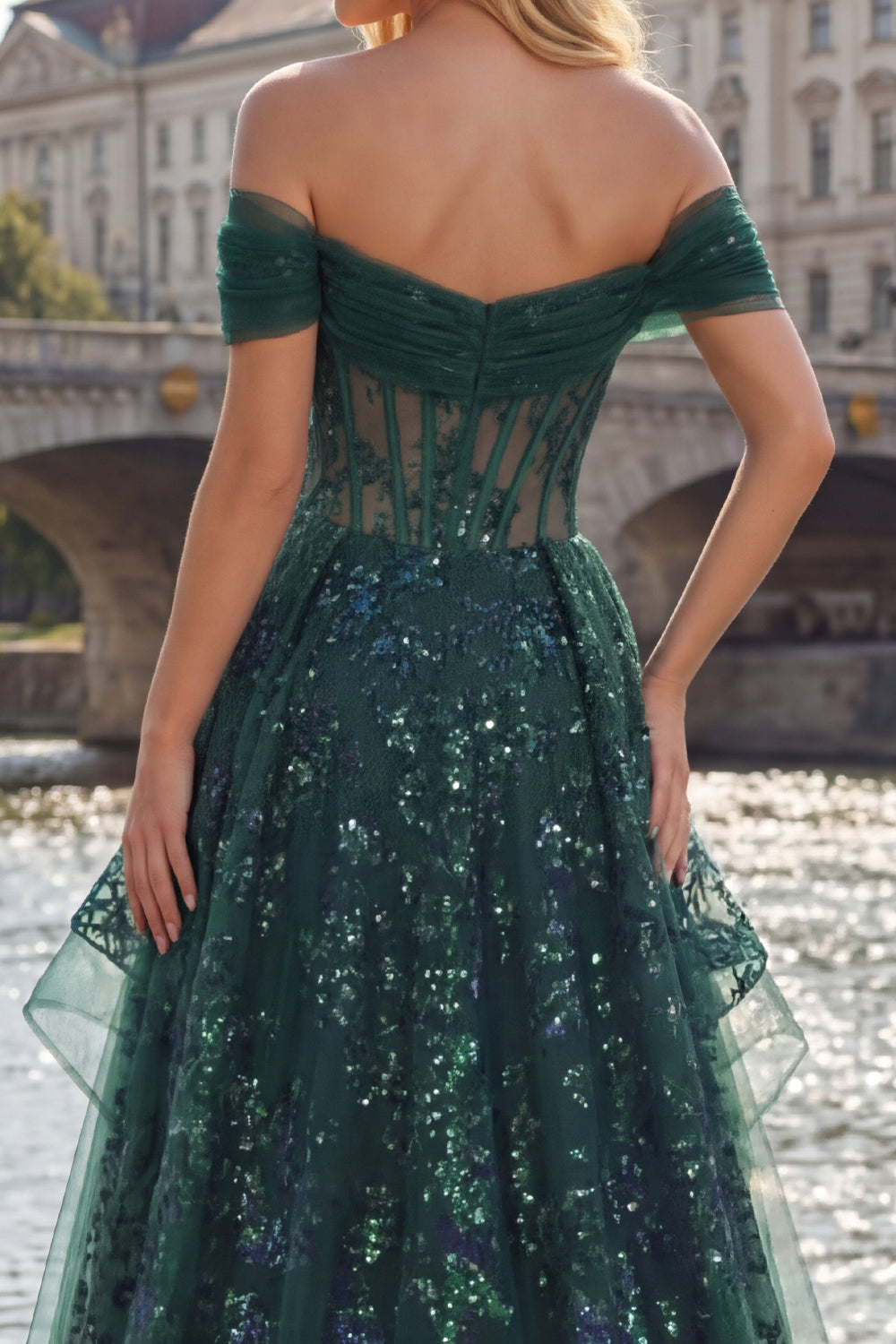 A Line Long Sequin Sparkly Dark Green Corset Prom Dress with Ruffles