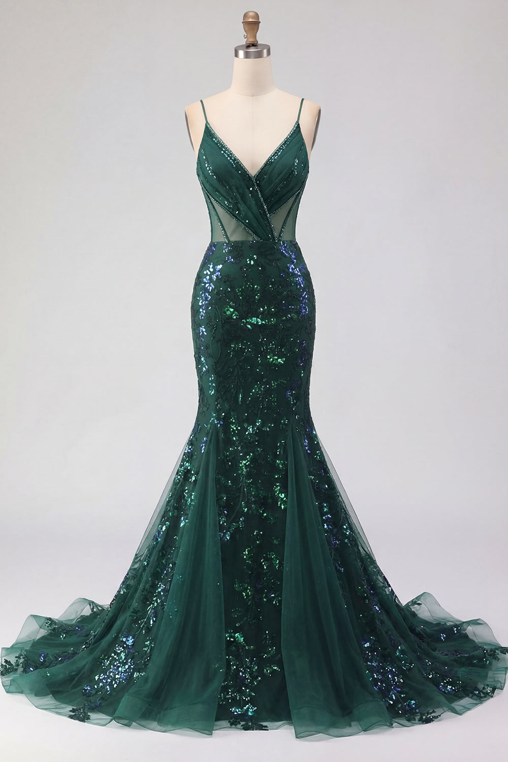 Long Beaded Mermaid Spaghetti Straps Sparkly Dark Green Prom Dress