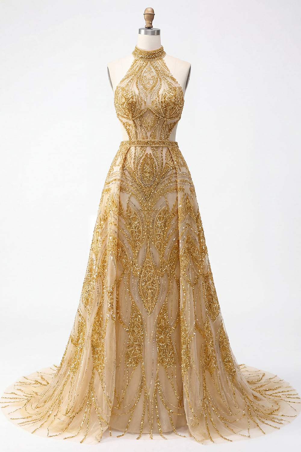 Sparkly Golden High Neck A Line Long Beaded Prom Dress with Cape