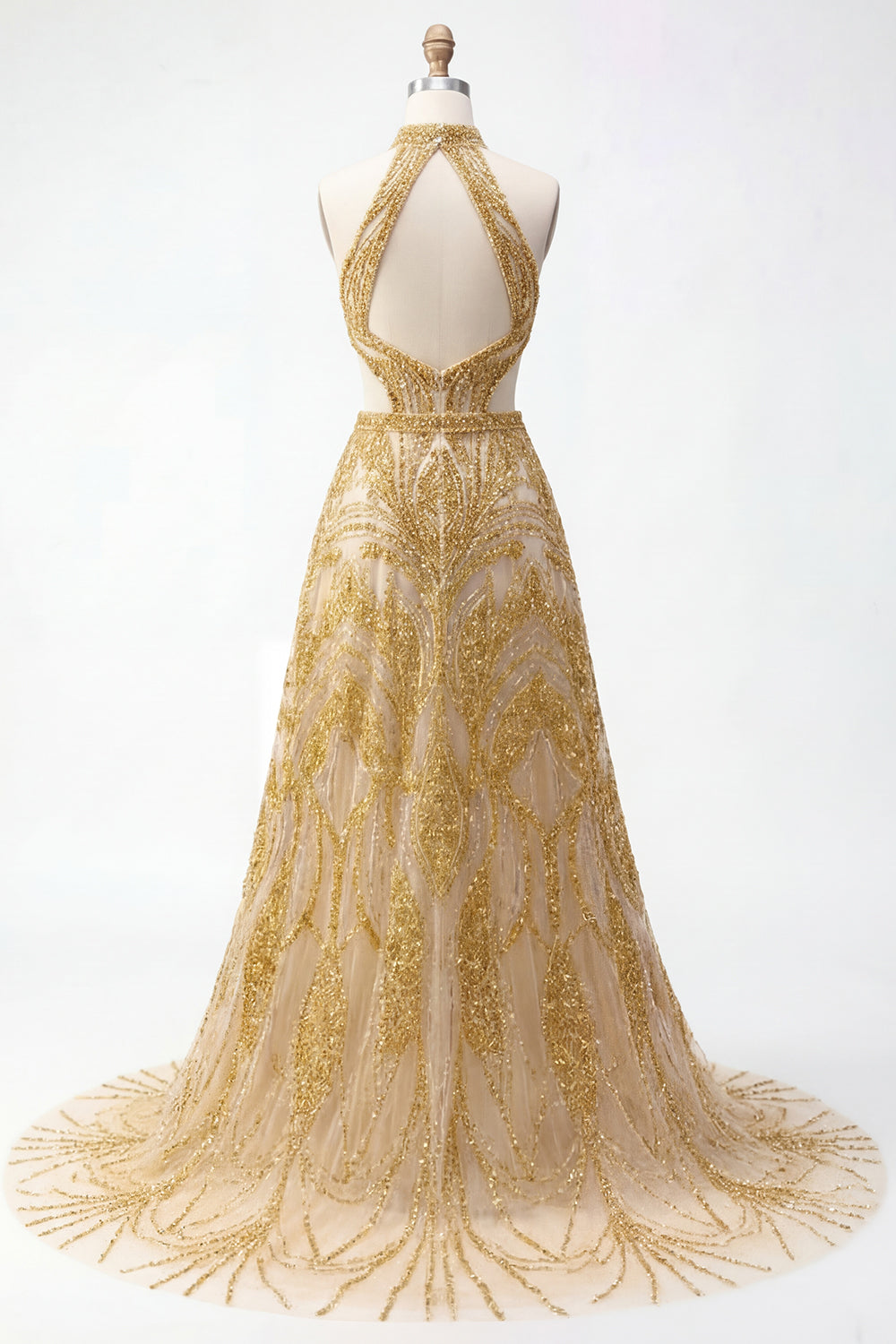 Sparkly Golden High Neck A Line Long Beaded Prom Dress with Cape