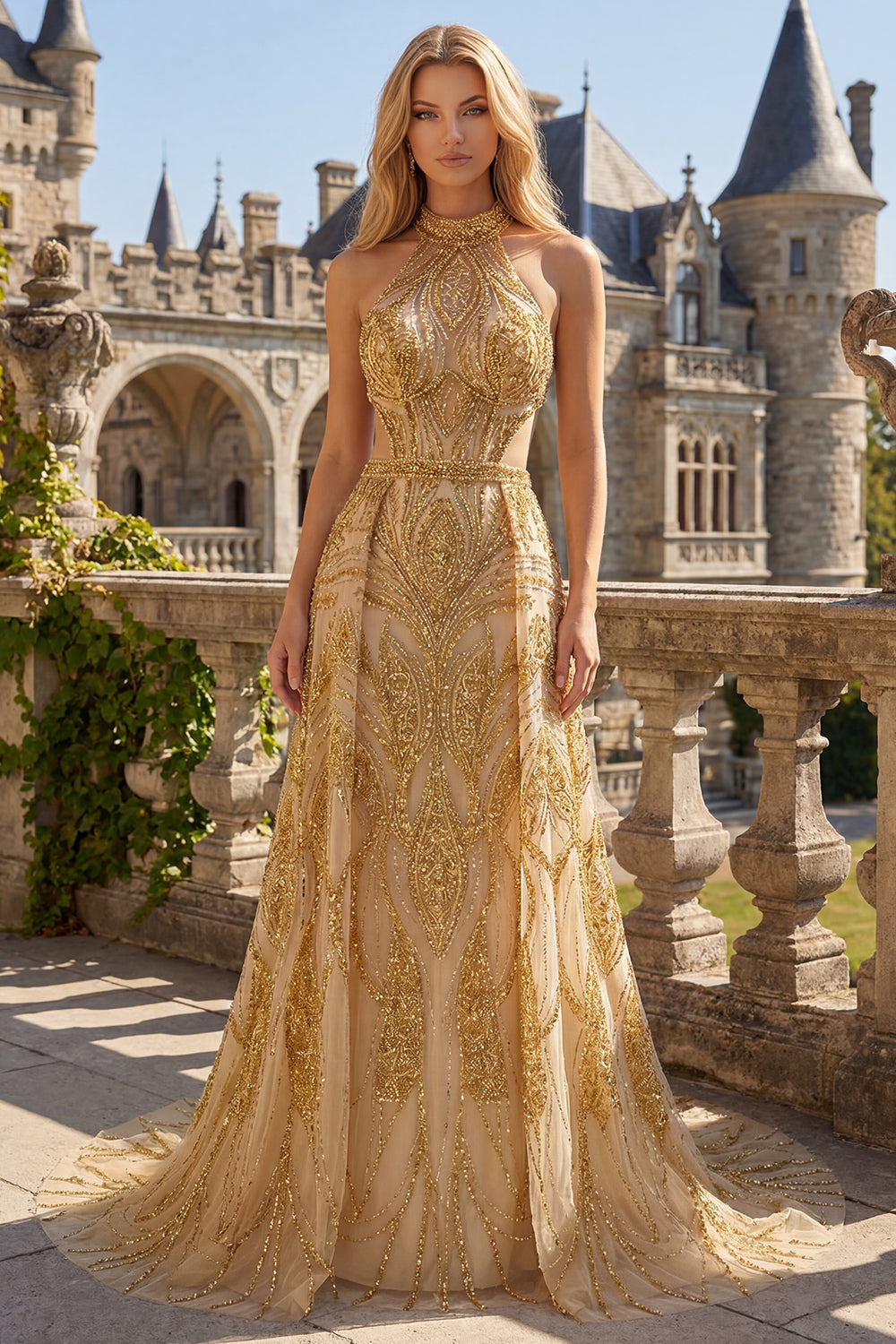 Sparkly Golden High Neck A Line Long Beaded Prom Dress with Cape