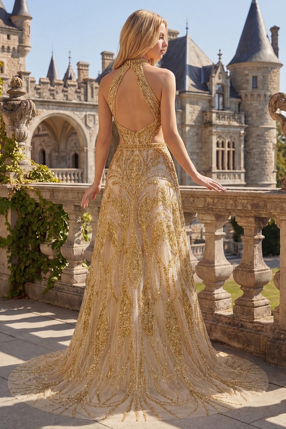 Sparkly Golden High Neck A Line Long Beaded Prom Dress with Cape