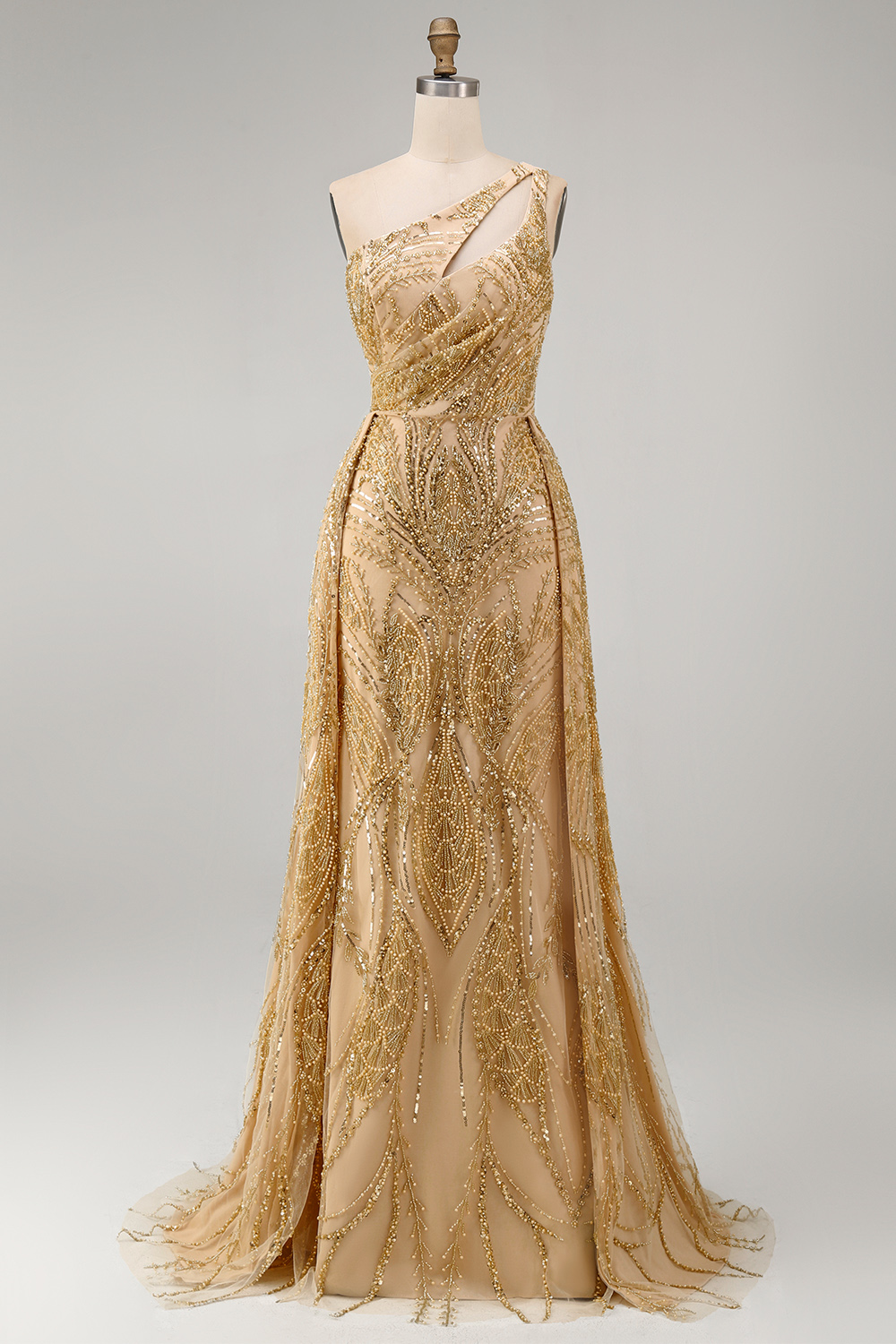 Ruched A Line One Shoulder Sparkly Golden Long Beaded Prom Dress with Cape