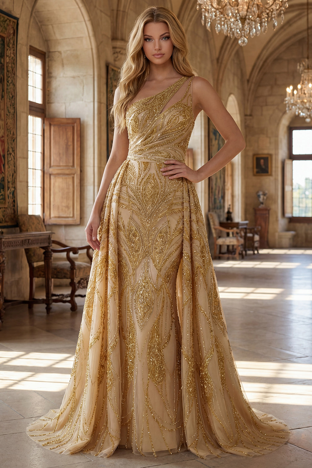 Ruched A Line One Shoulder Sparkly Golden Long Beaded Prom Dress with Cape