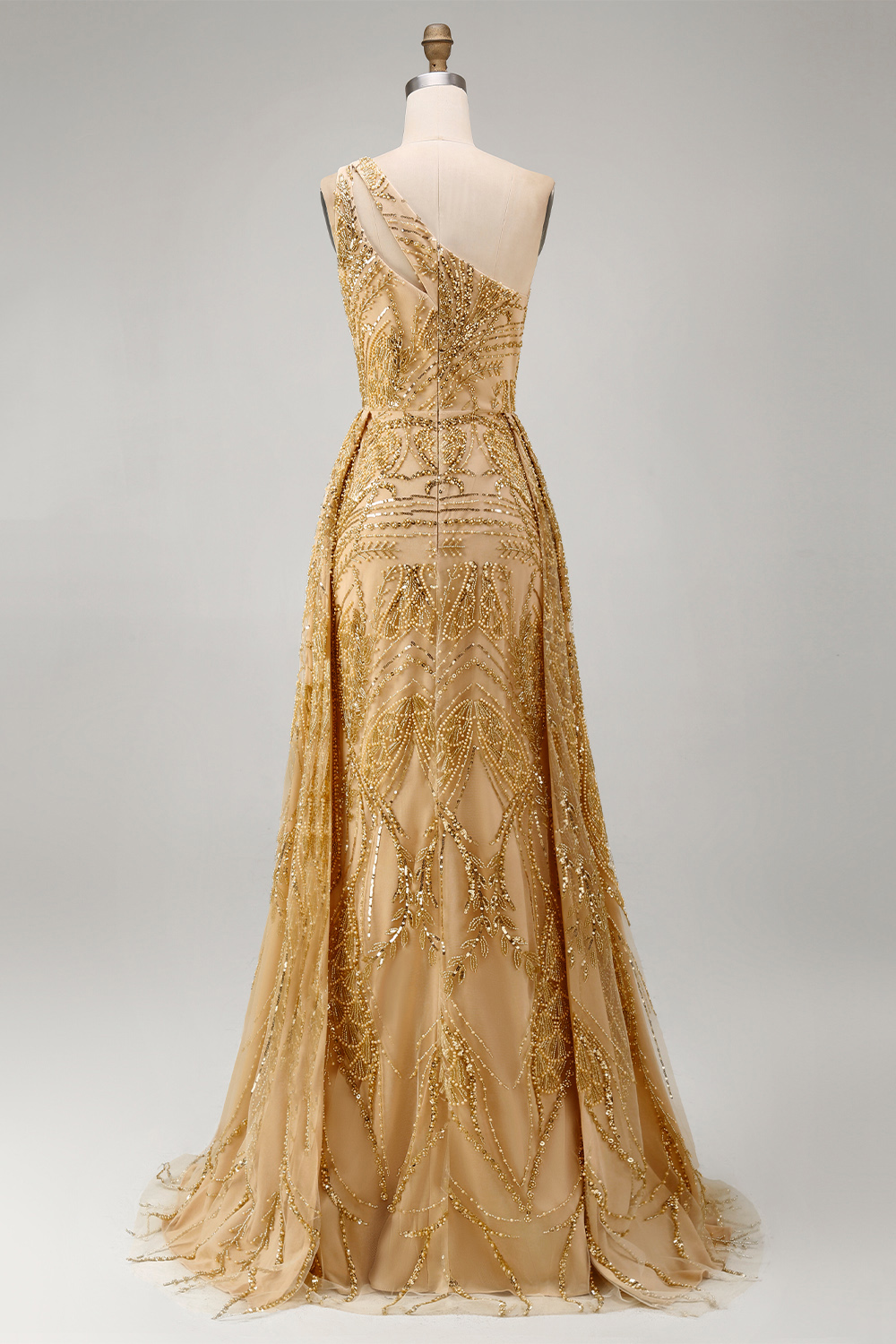 Ruched A Line One Shoulder Sparkly Golden Long Beaded Prom Dress with Cape