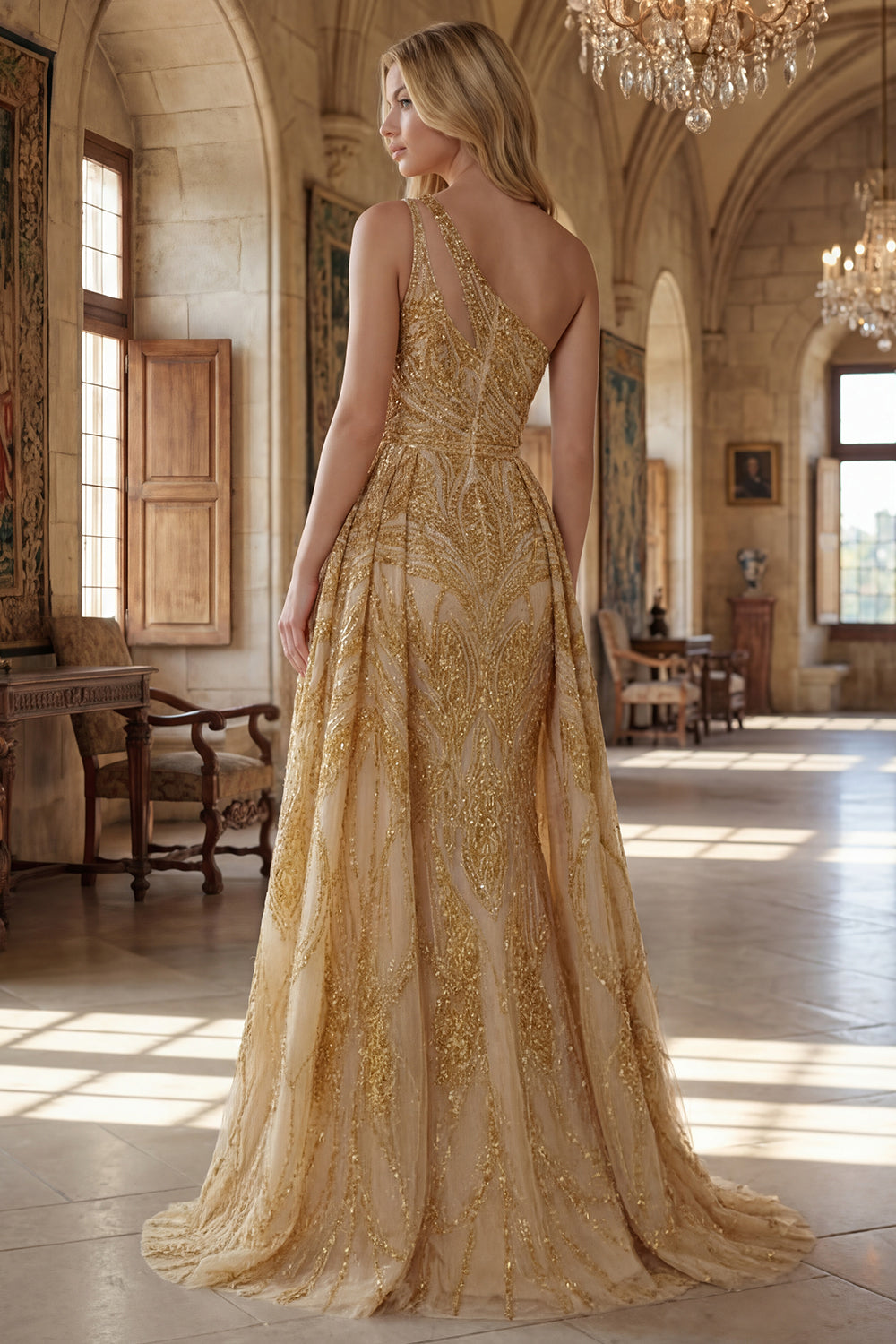 Ruched A Line One Shoulder Sparkly Golden Long Beaded Prom Dress with Cape