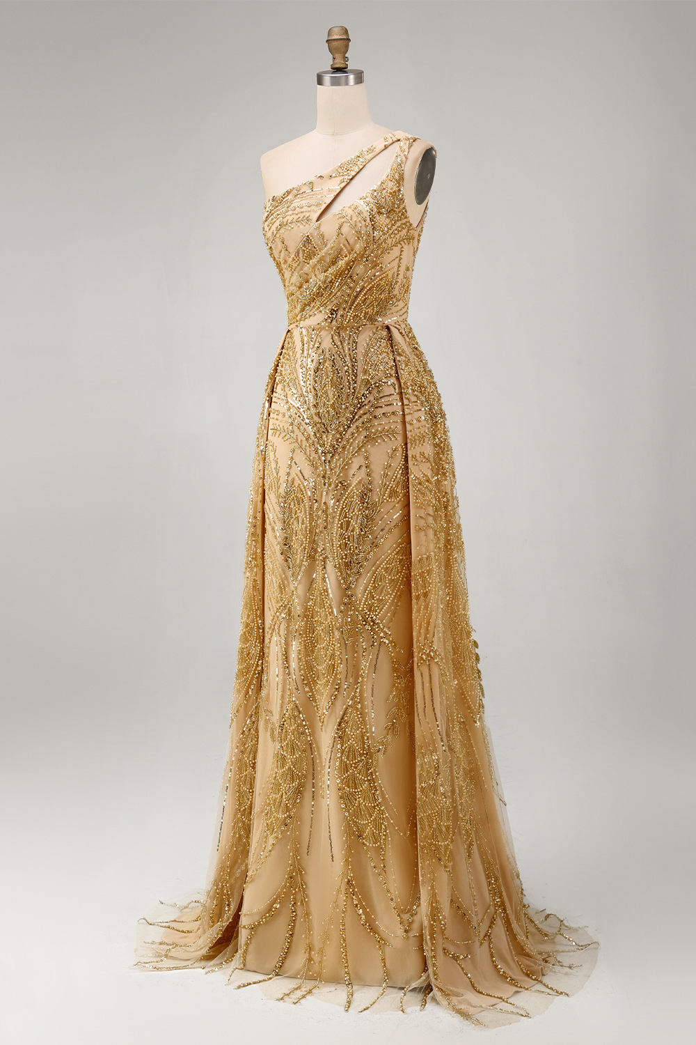 Ruched A Line One Shoulder Sparkly Golden Long Beaded Prom Dress with Cape