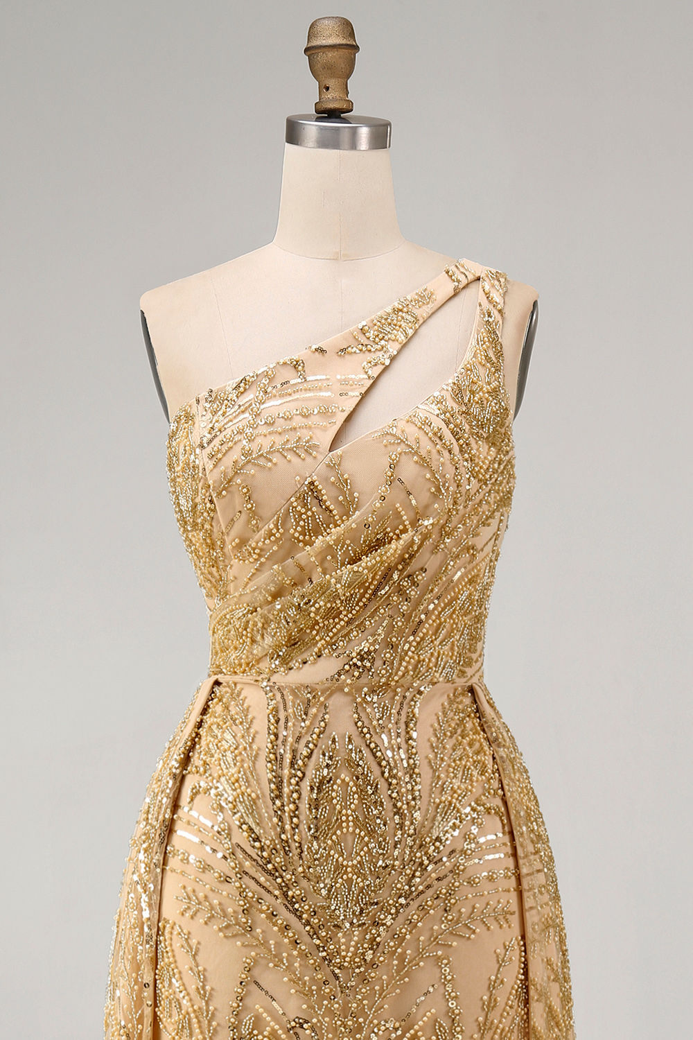 Ruched A Line One Shoulder Sparkly Golden Long Beaded Prom Dress with Cape