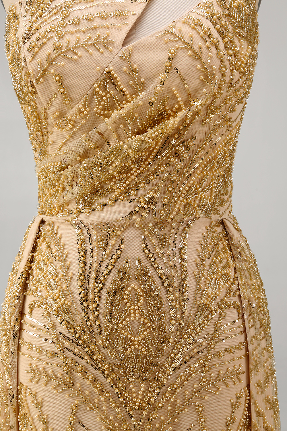 Ruched A Line One Shoulder Sparkly Golden Long Beaded Prom Dress with Cape