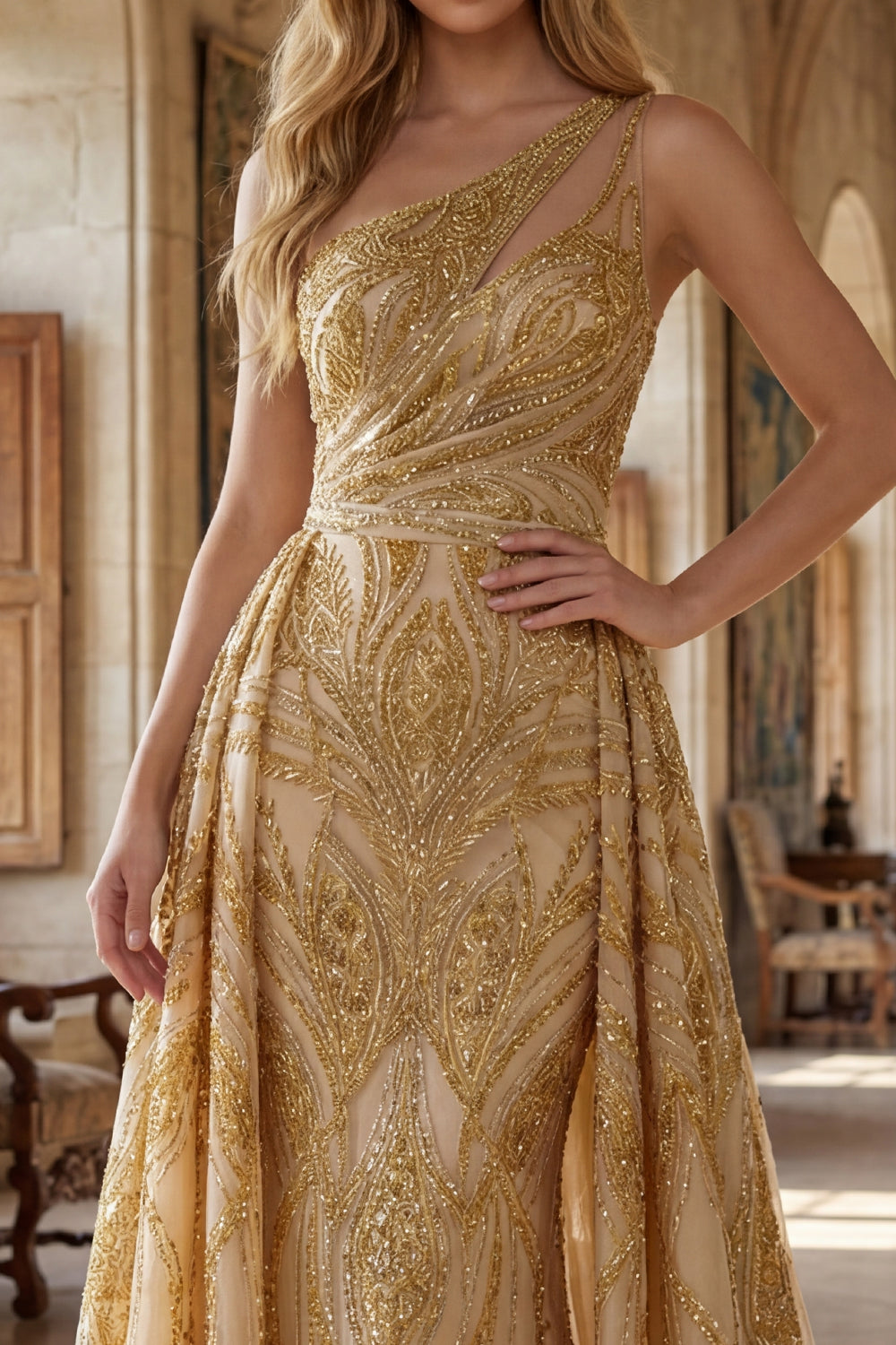 Ruched A Line One Shoulder Sparkly Golden Long Beaded Prom Dress with Cape